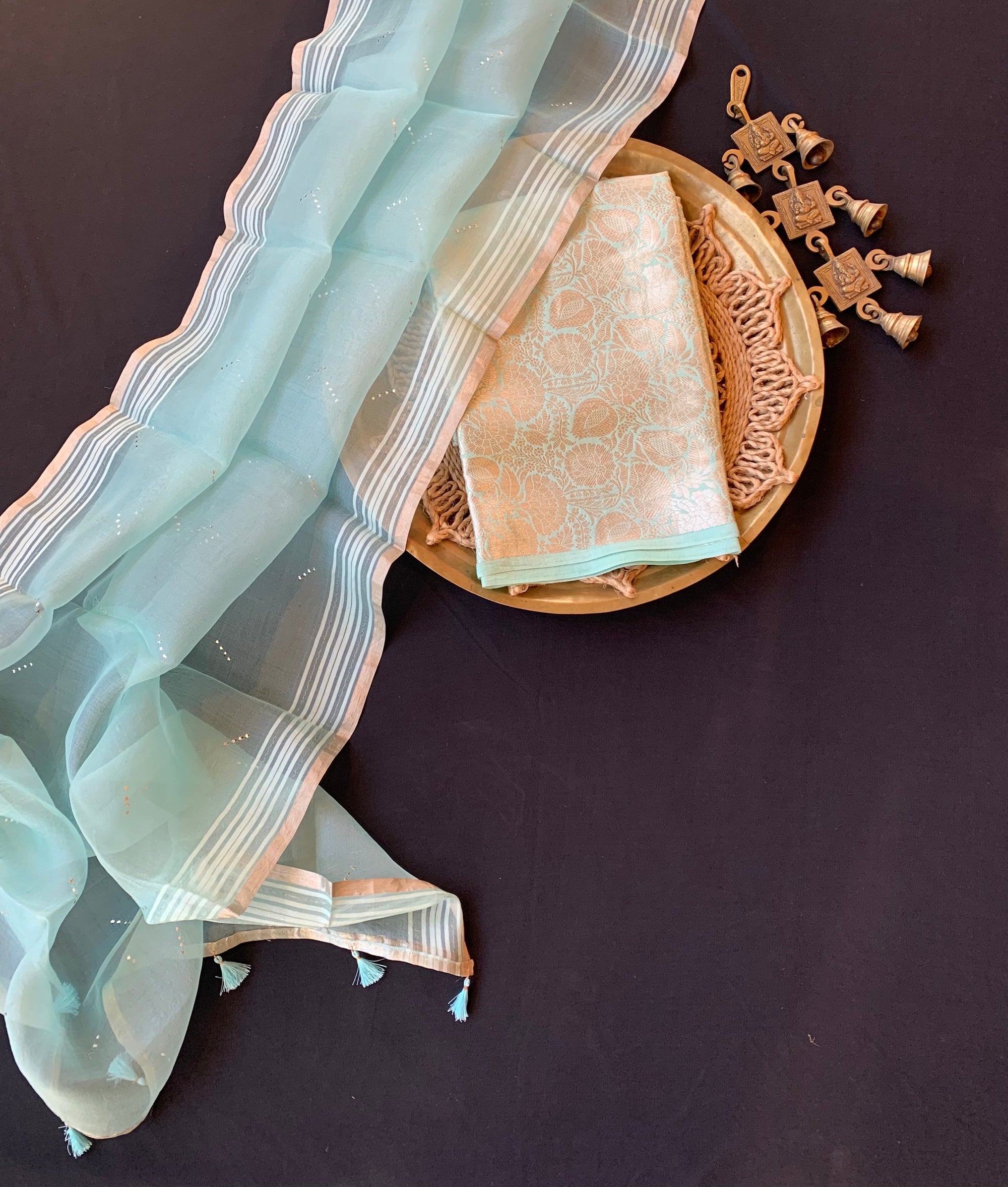 Seablue Banarasi Handloom Brocade 3 pc suit set