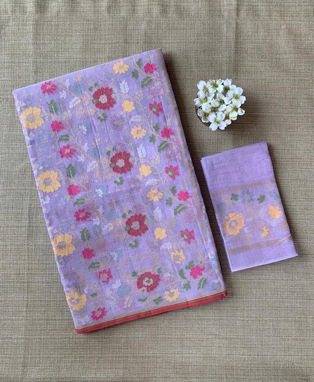 Lilac Banarasi Handloom Cotton Cut Jamdani Saree With Allover Meenakari