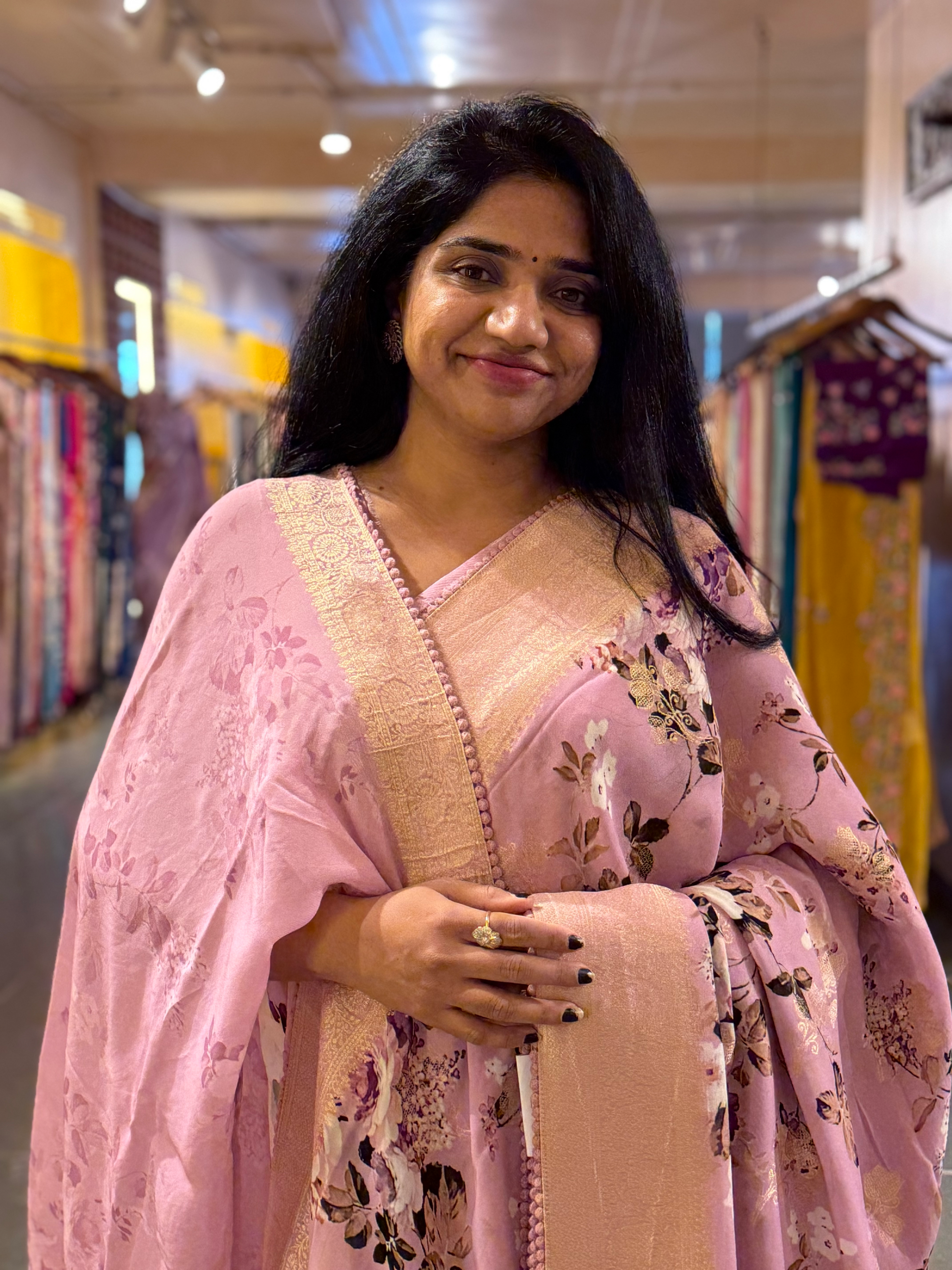 Lilac Pink Banarasi Khaddi Gorgette Sarees with Floral Print