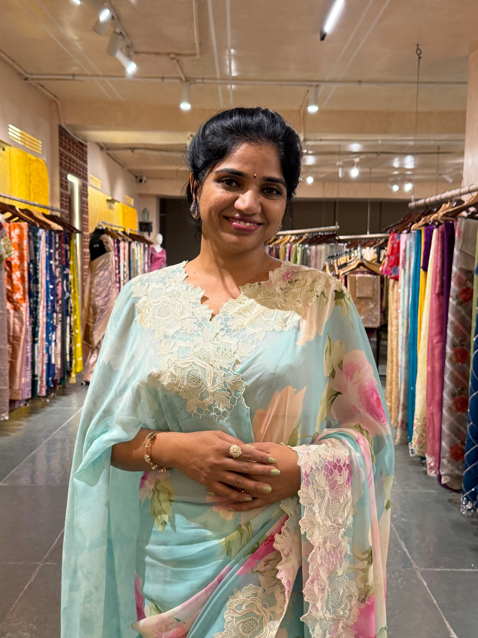 Gorgette Printed Saree With Cutwork Lace Border
