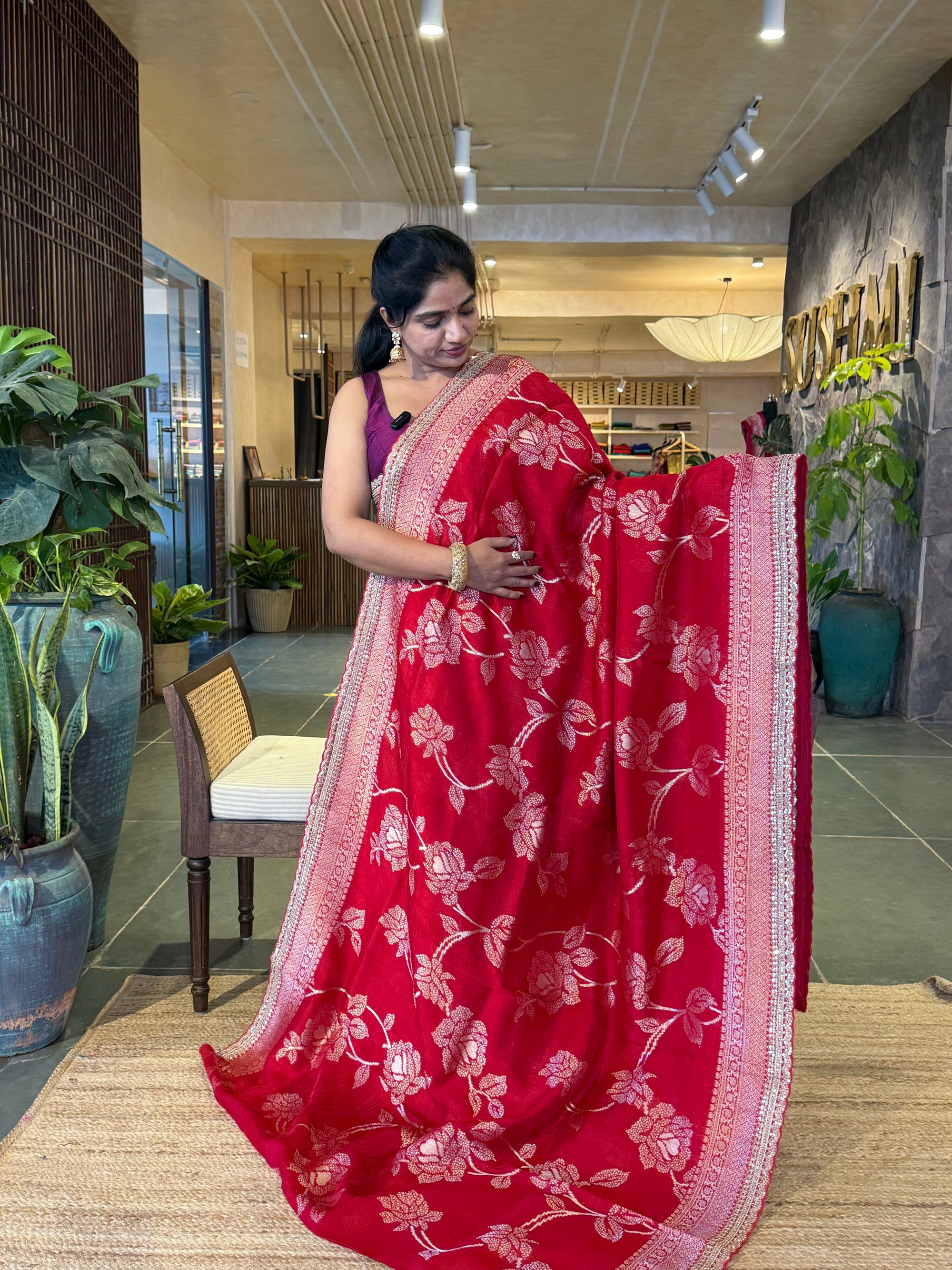 Red Tussar Khaddi Saree wth Allover weaving & sabhyasachi borders STKM15