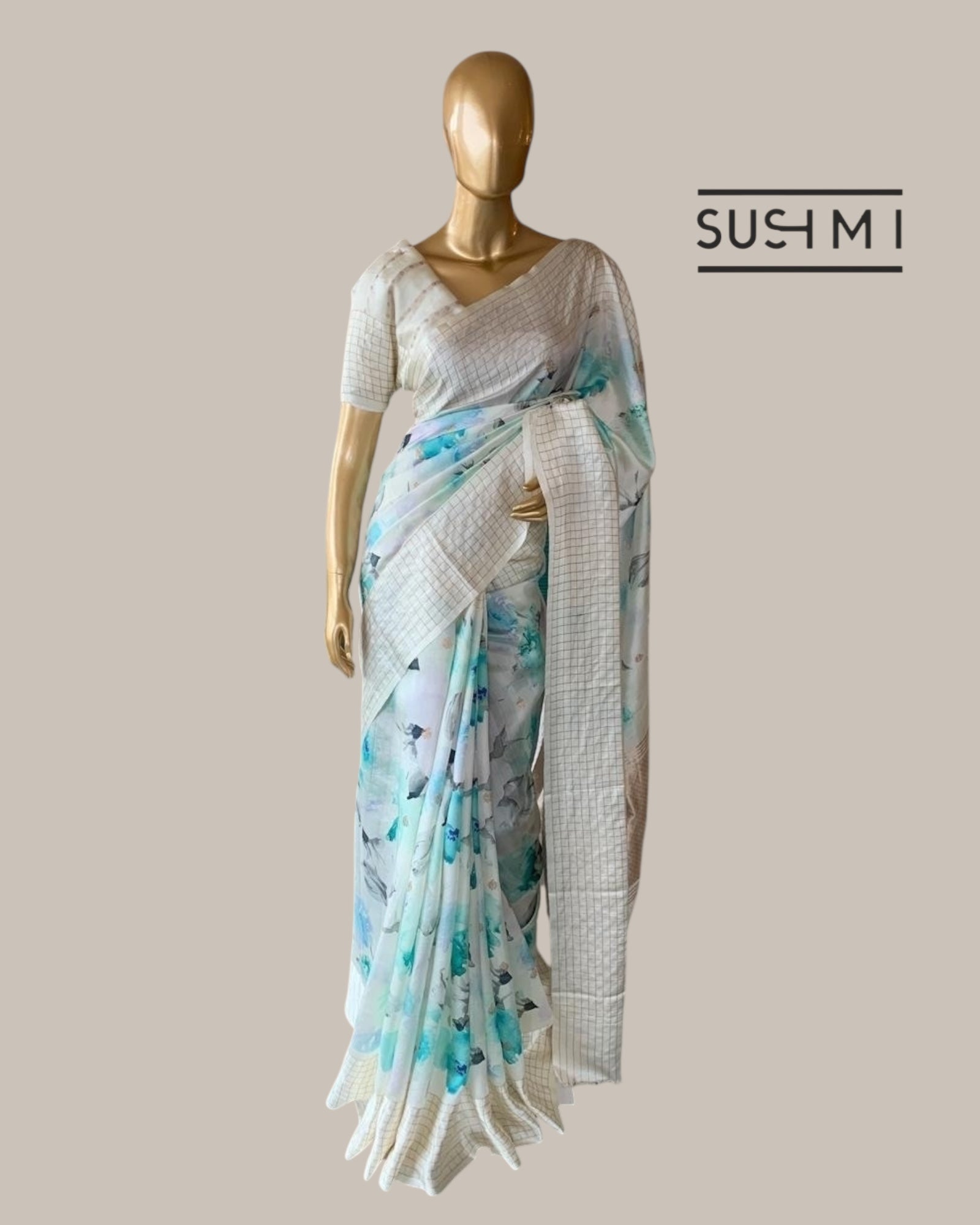 Banarasi Soft Silk Printed Saree With Checks Pattern Mashru Border