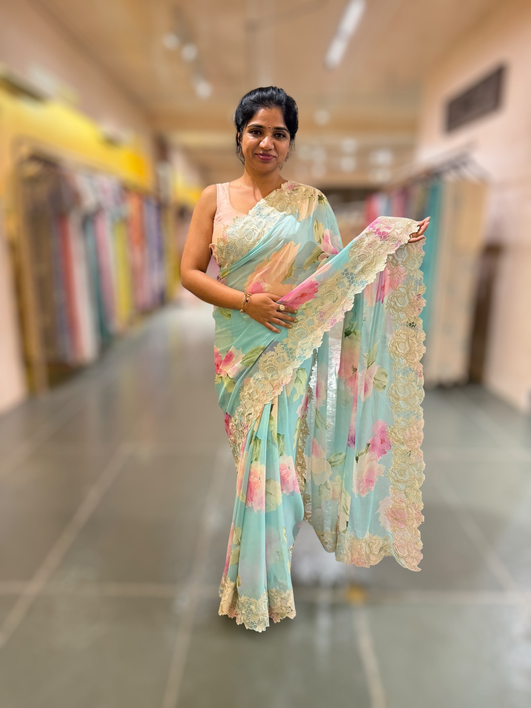 Light Blue painting Style Printed Gorgette Saree With Cutwork Lace Border