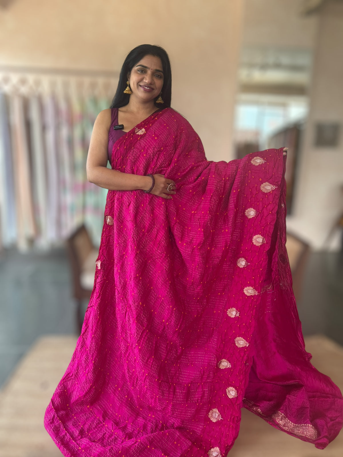 Rani Pink Banarasi Bandhej Silk Saree With Kaduwa Woven Open Mashru Borders