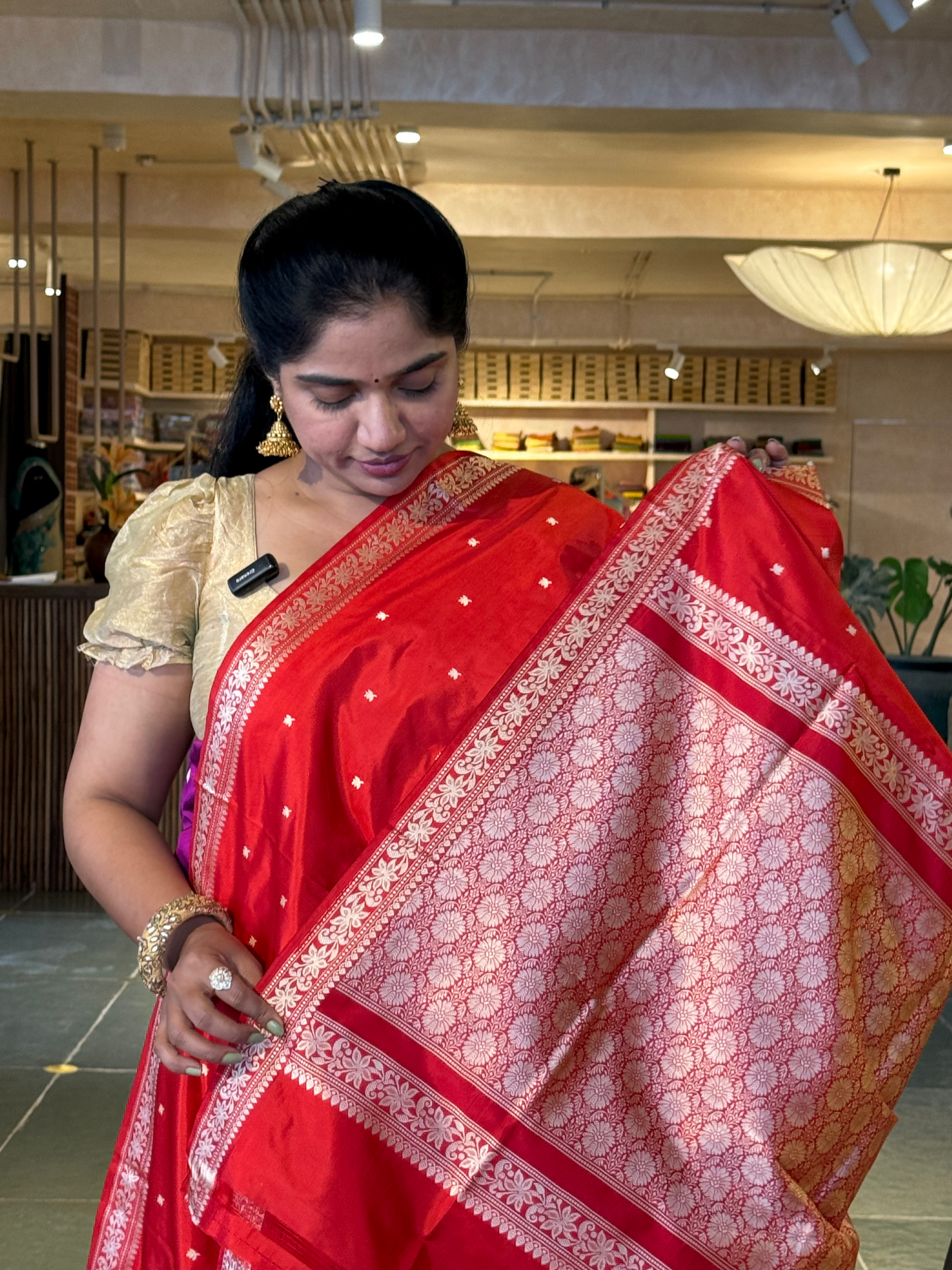 Orangish Red Banarasi Handloom Katan Silk Saree  With Resham Weaving