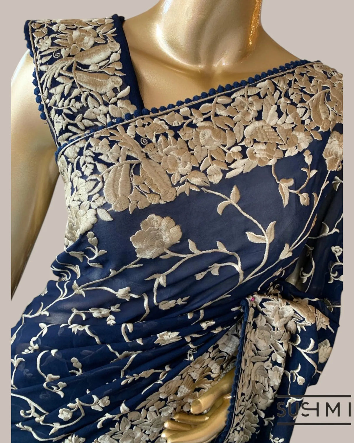 Midnight Blue Pure Gorgette Saree With Parsi Gara Style Allover Embroidery   Ori