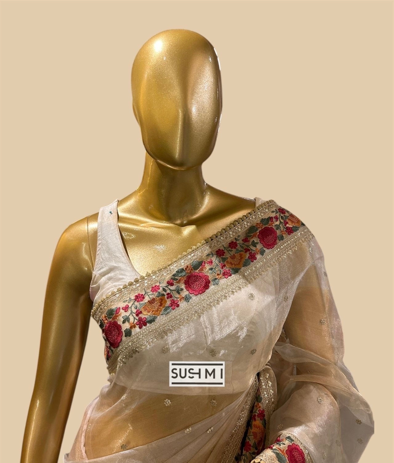 Pure Tissue Saree with silver and golden zari wide stripes & Embroidered Borders
