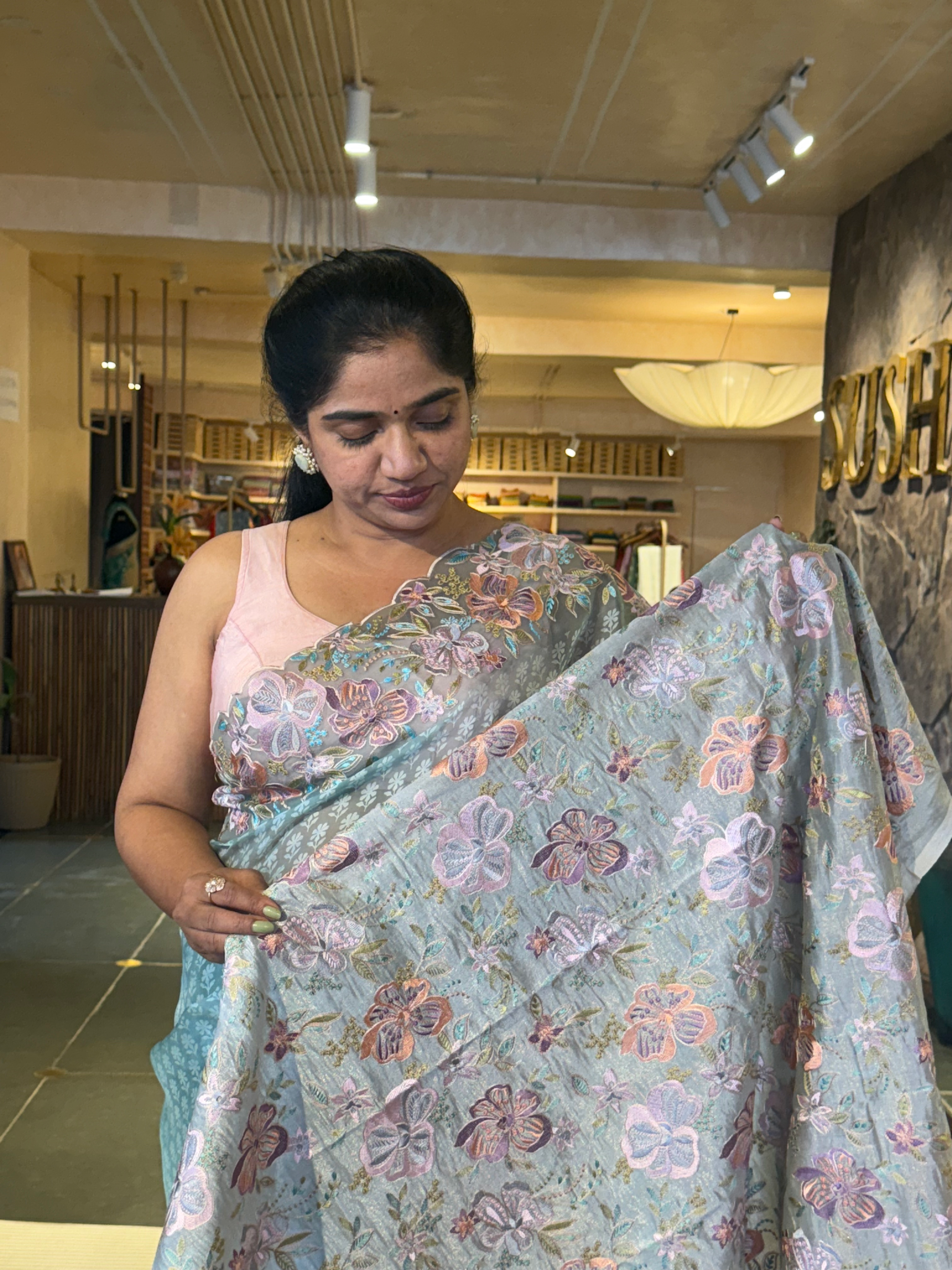 Blue Pure Organza Brasso Saree with Stunning Embroidered Border and Blouse