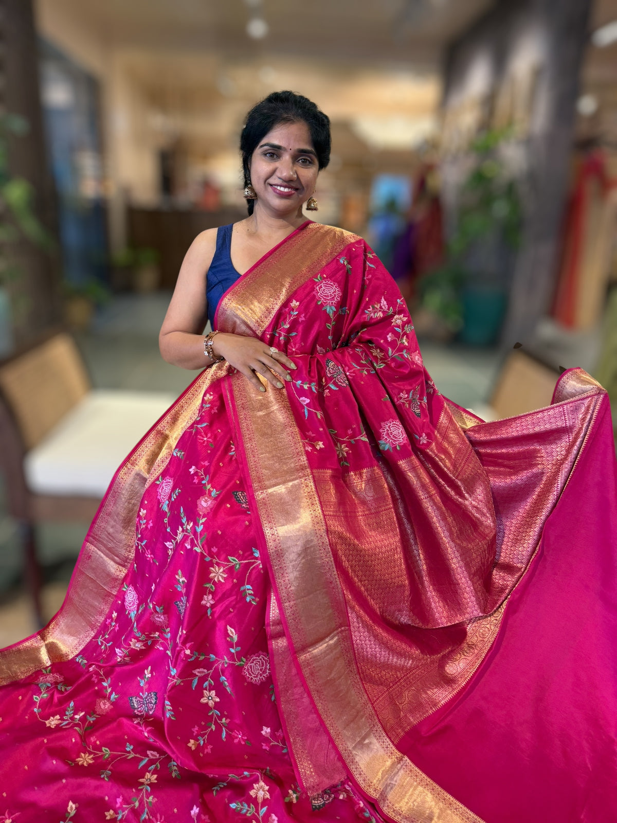 Dark Pink Kanchi  Saree With Allover Petite Point Embroidery