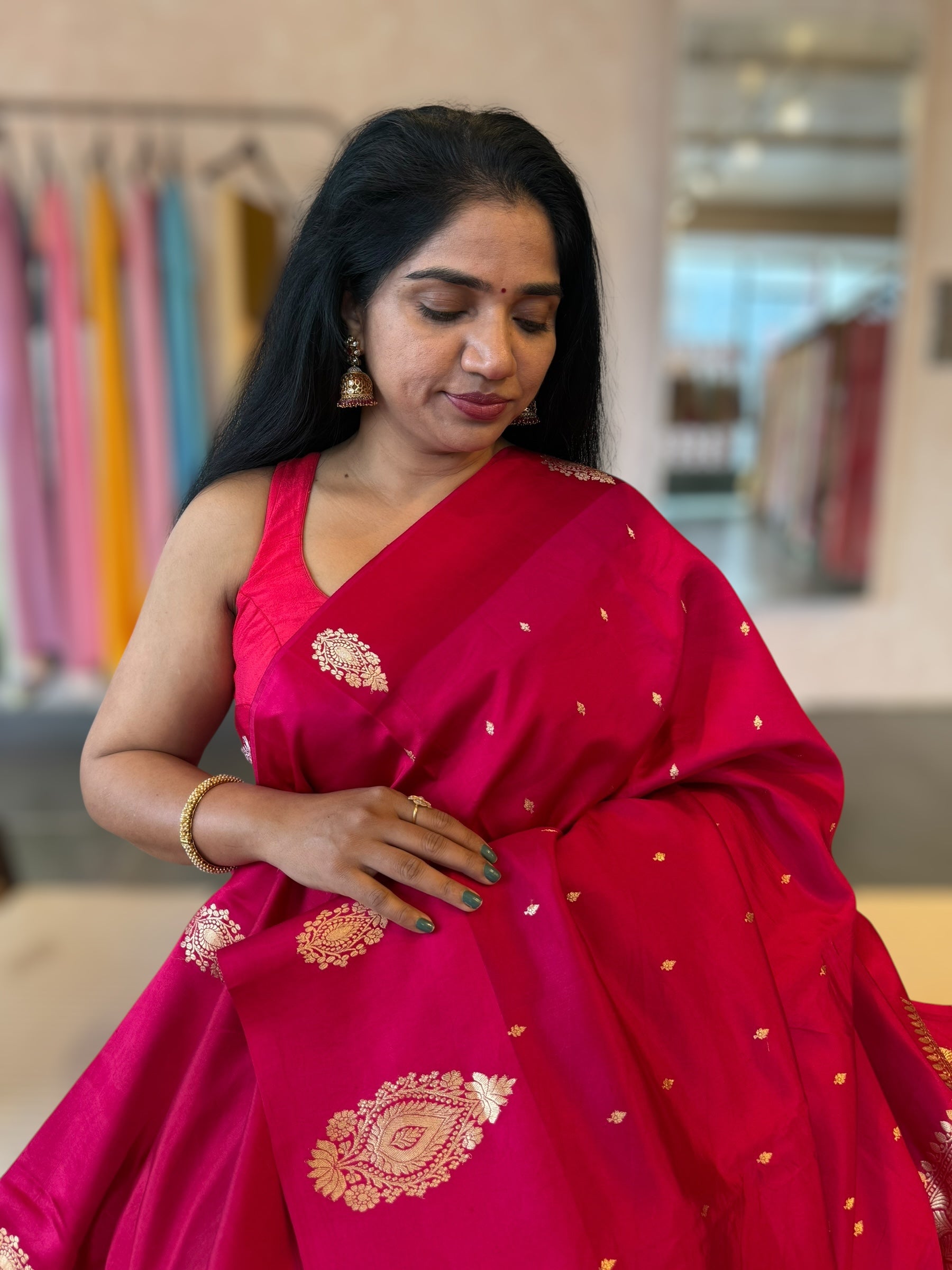 Ruby Pink Banarasi Raw Mango Silk Saree with Open Borders & Kaduwa Woven Motifs