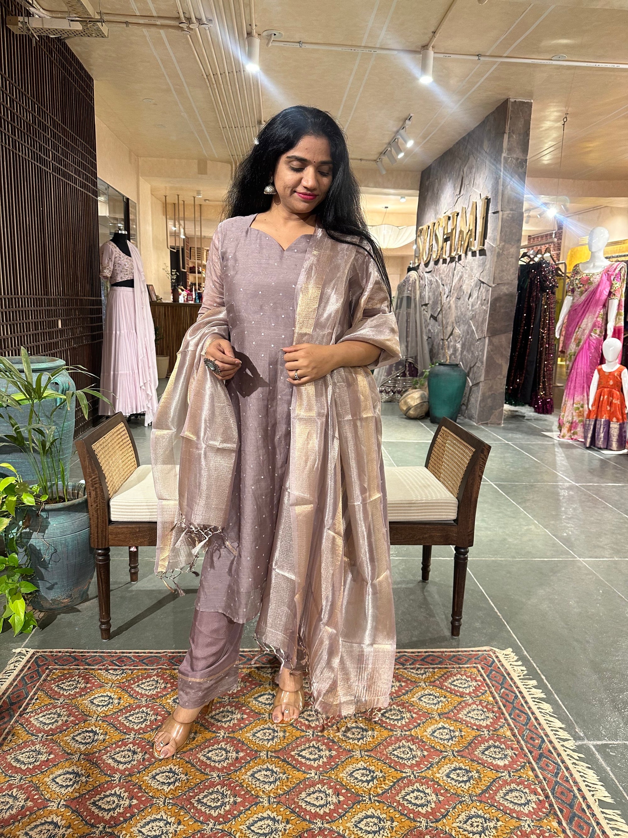 Earthy Tone pure Chanderi Silk 3 pc sticthed suit with mirror work