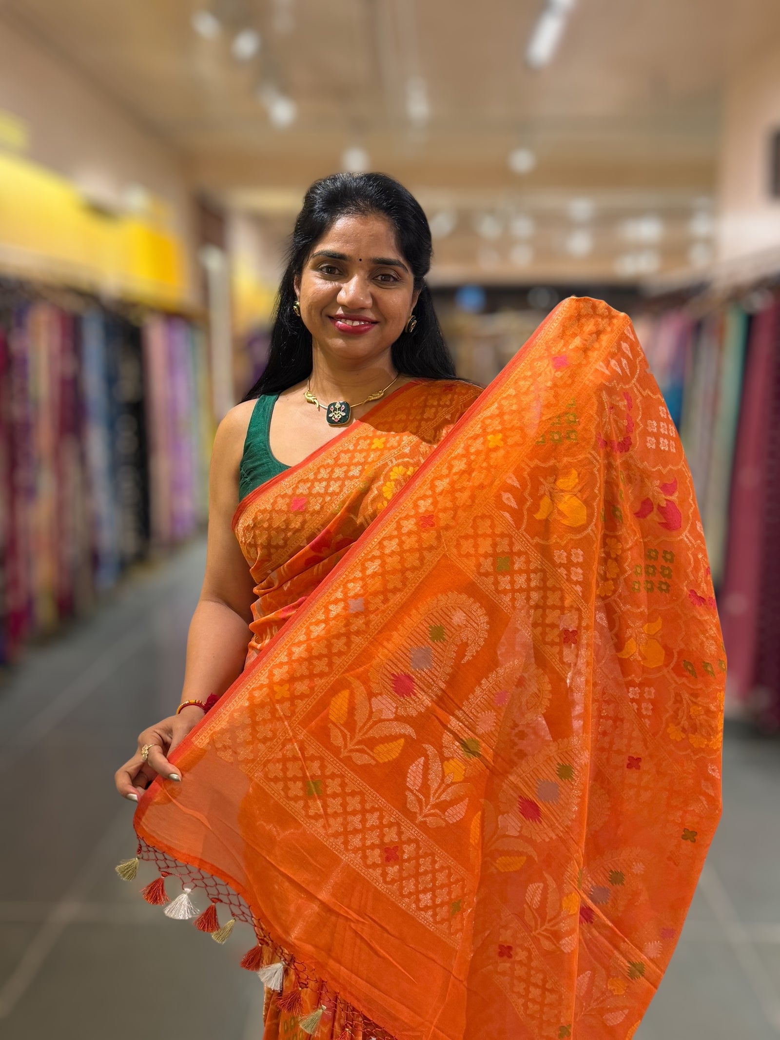 Orange Banarasi Cotton Jamdani Saree With Meenakari Weaving