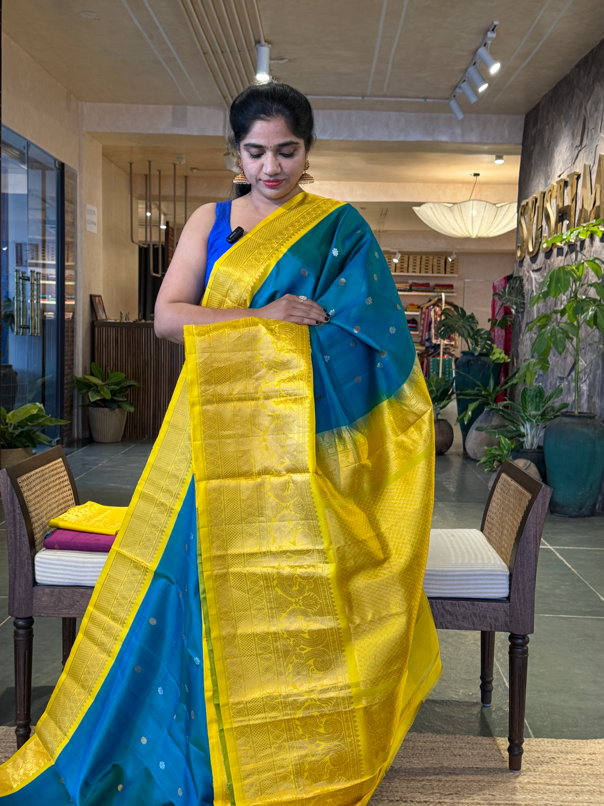 SGSA206 Peacock Blue and yellow Combo Gadwal Handloom Pure Silk Saree