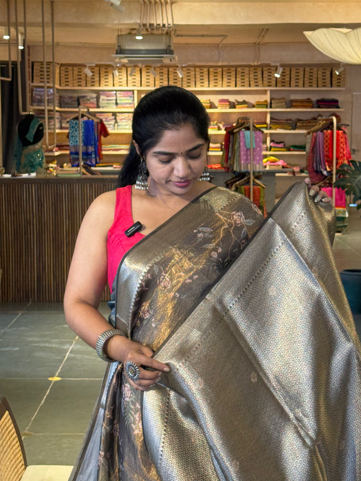 Brown Banarasi Floral Printed Cotton Saree with brocade pallu and blouse