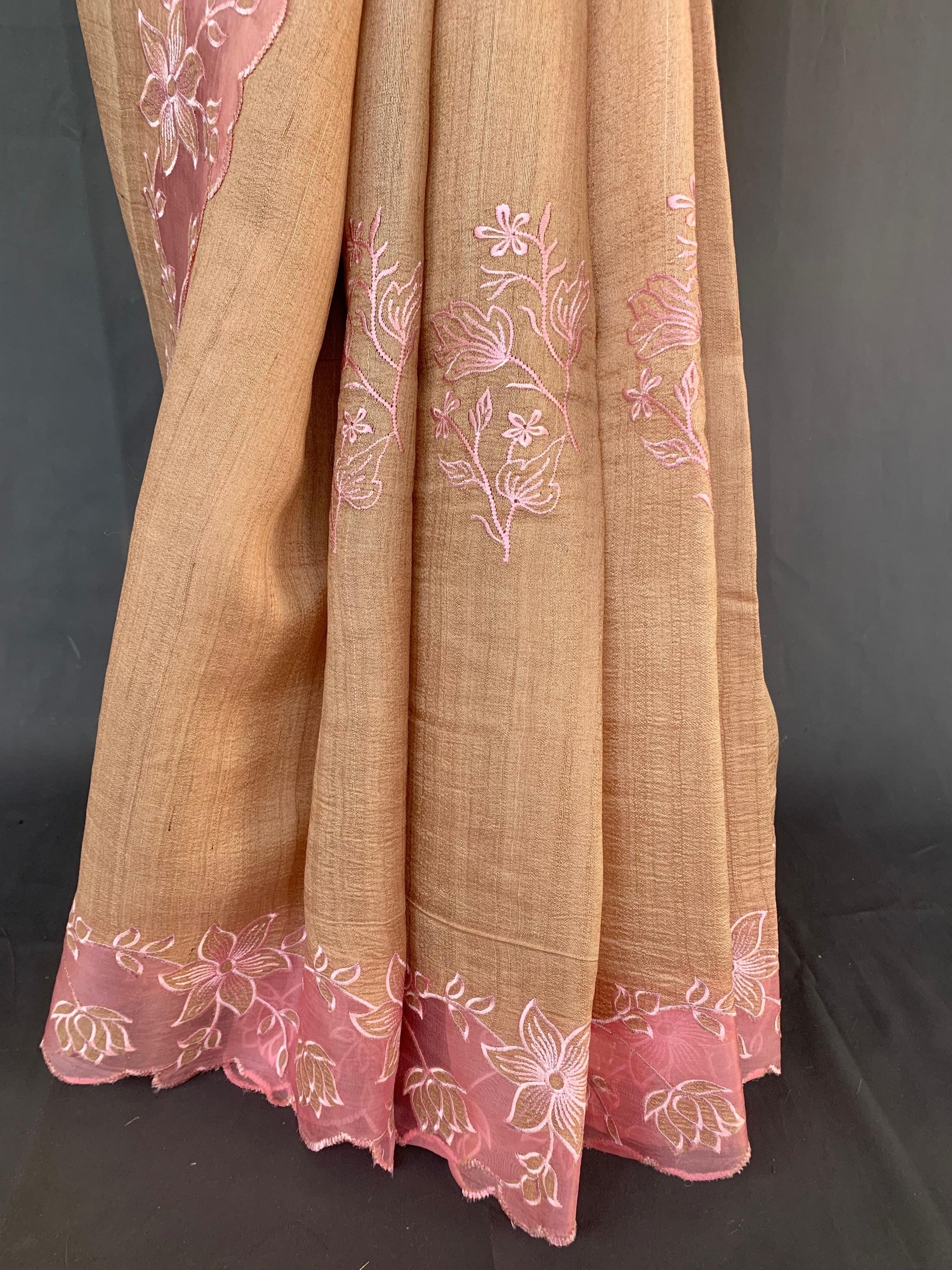 Pure handloom Tussar Designer Saree with Organza Applique Cutwork Border