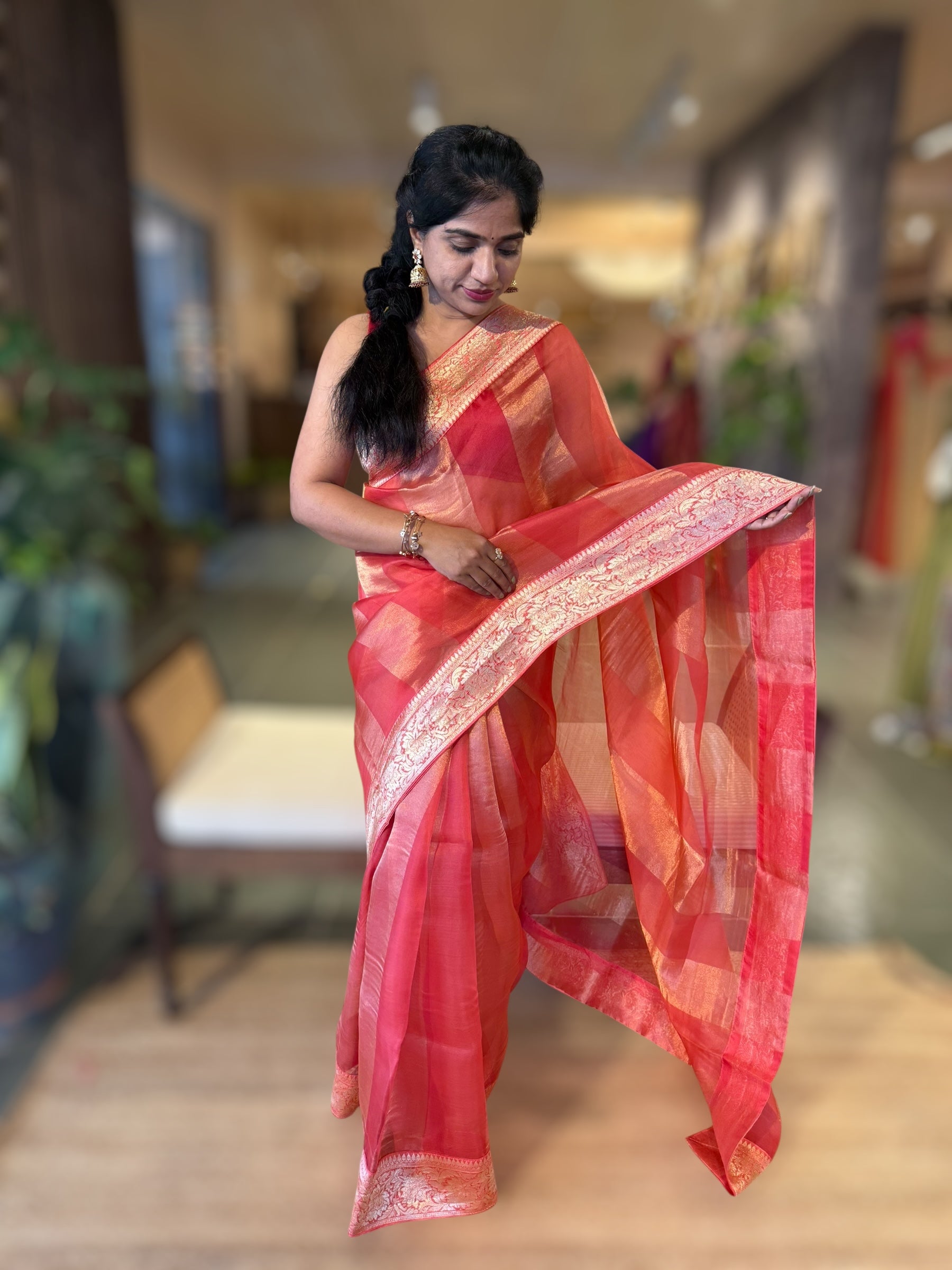 Koral Pink Banarasi Kora Tissue Stripes Saree With Banarasi Borders & Blouse