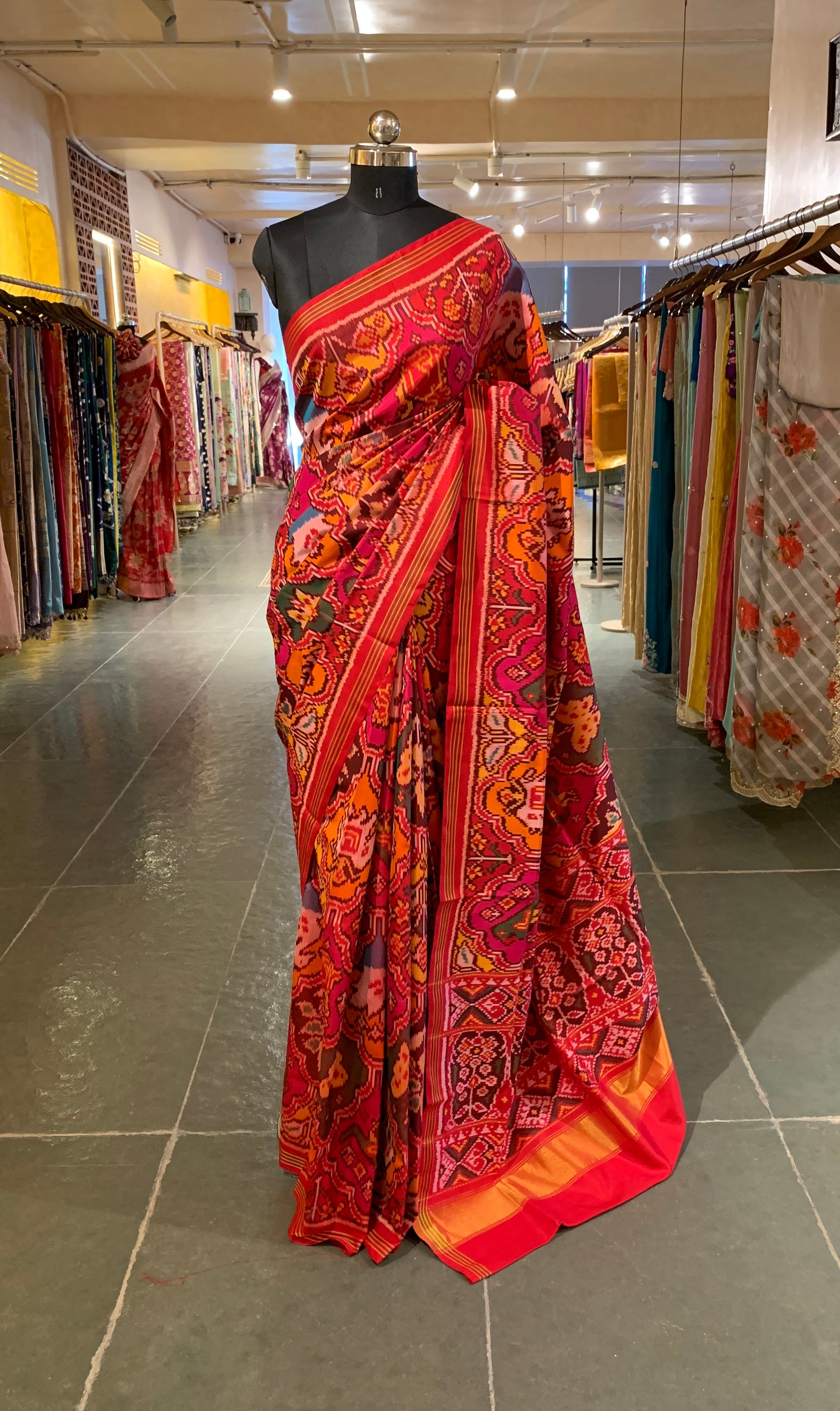 Orange , Red & yellow Combo Pure Patan Patola Saree With Allover Creeper Design