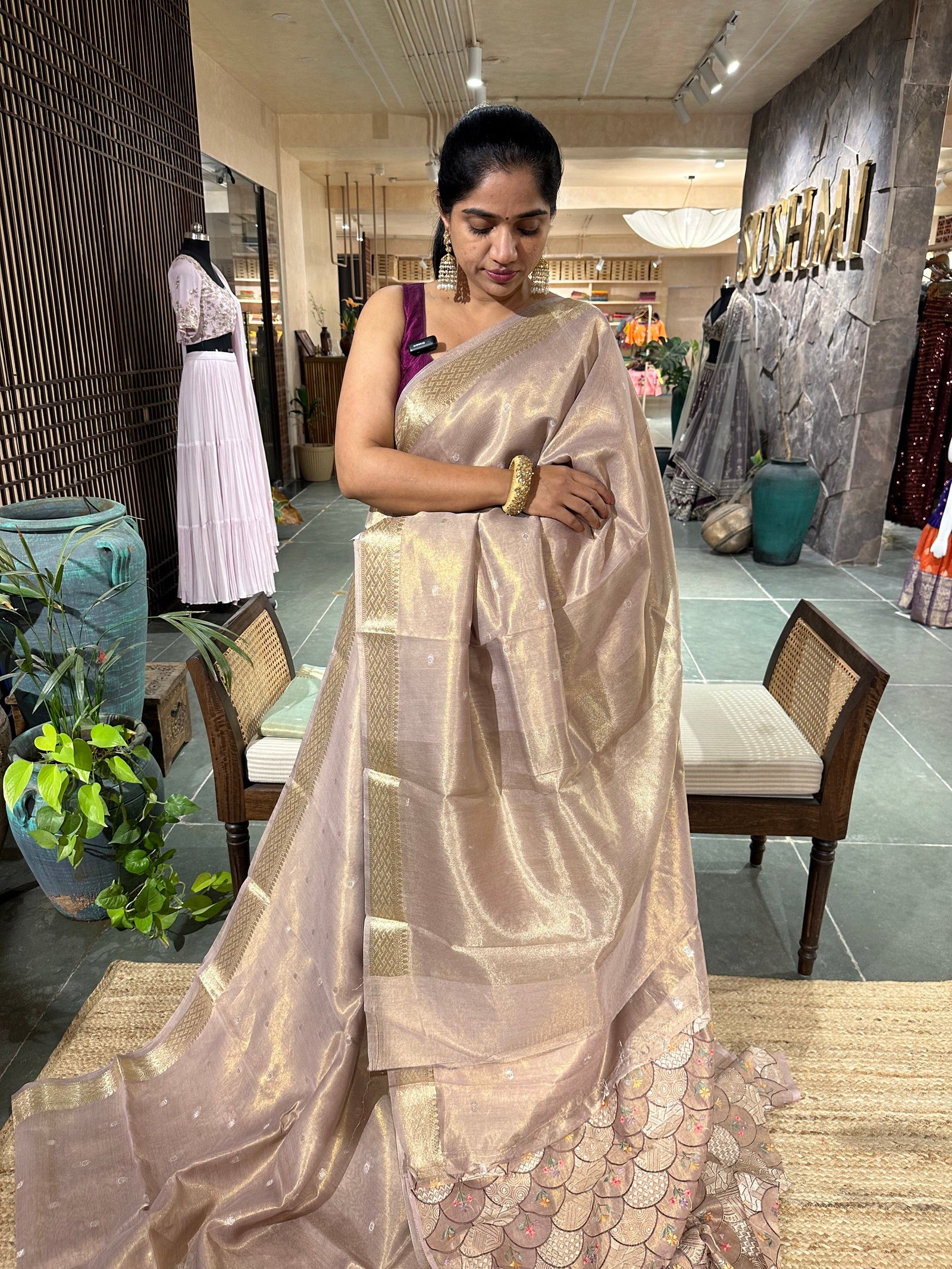 Light Mauve Cotton Tissue Saree with allover  Embroidery Blouse