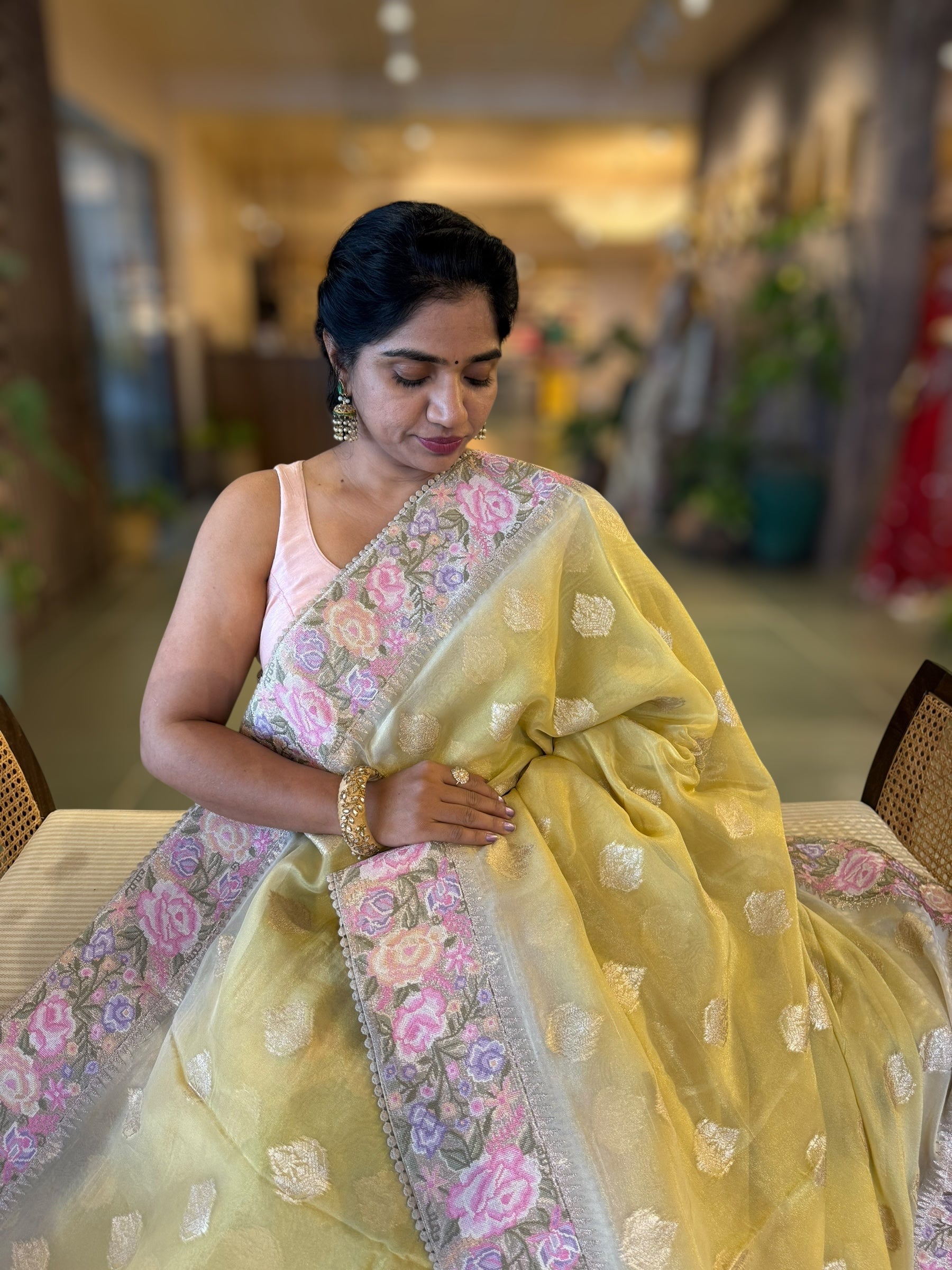 Pastel Yellow Banarasi Tissue Gorgette Saree Wth Petite Point Embroidered Border