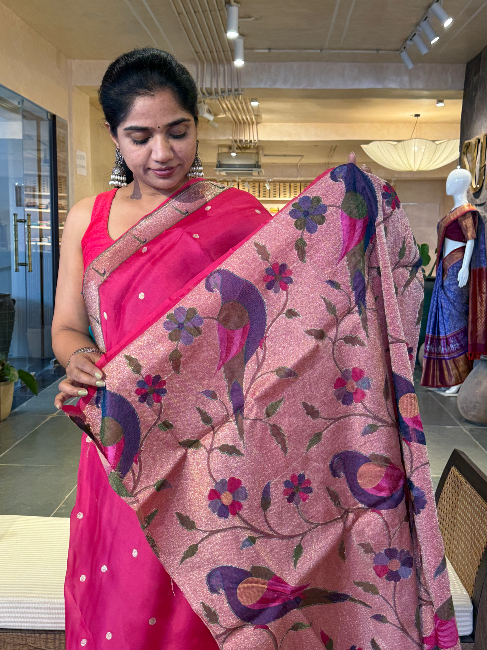 Dark Pink Pure Handloom Kora Silk and Pythani Fusion Saree