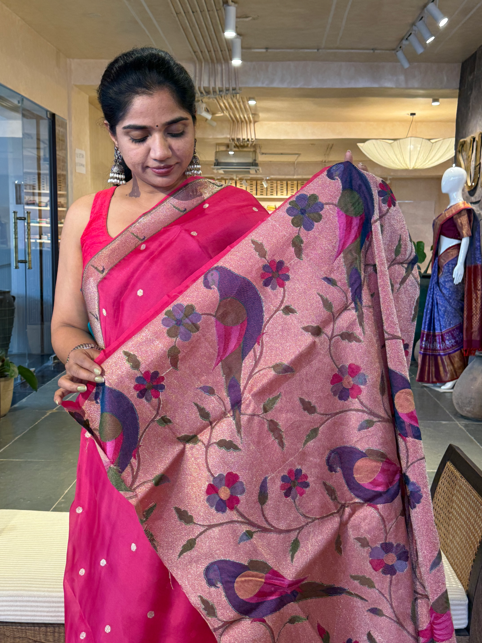 Dark Pink Pure Handloom Kora Silk and Pythani Fusion Saree