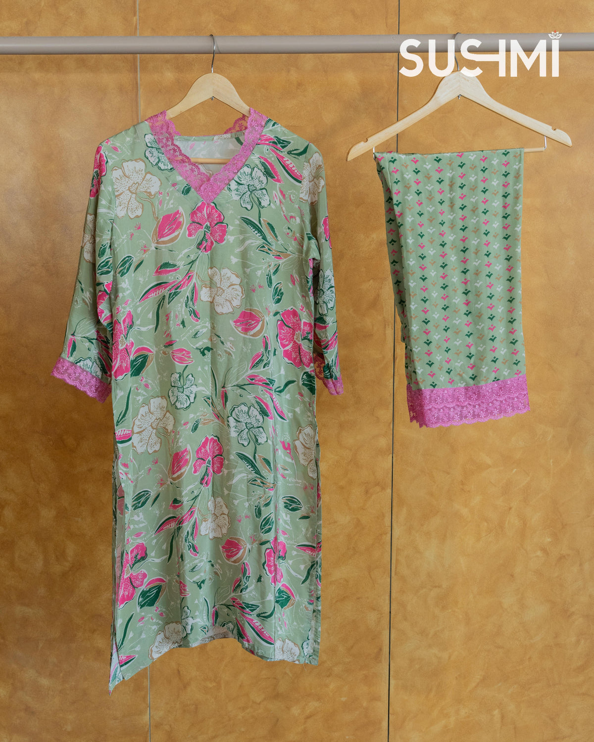 Floral printed coordset with lace hemline for neck and sleeves .Bottom is also p