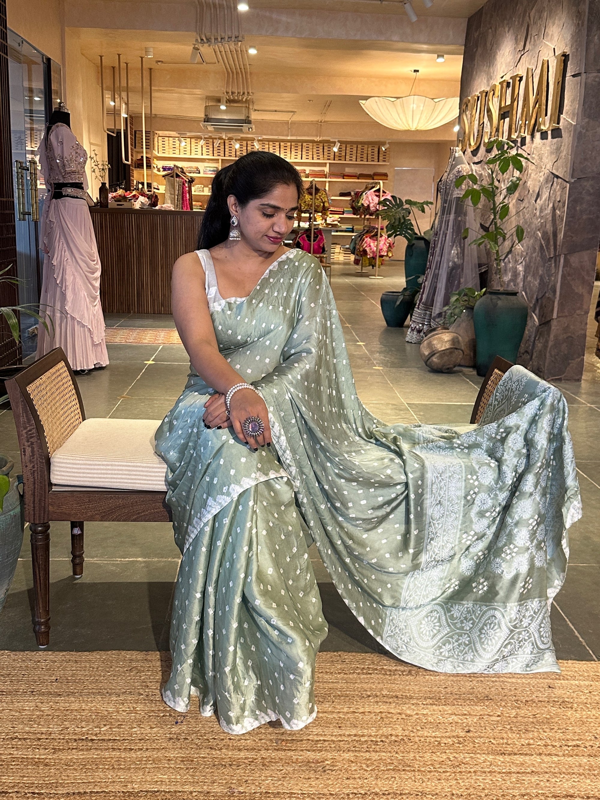 Bandhini and Chikankari Fusion Saree