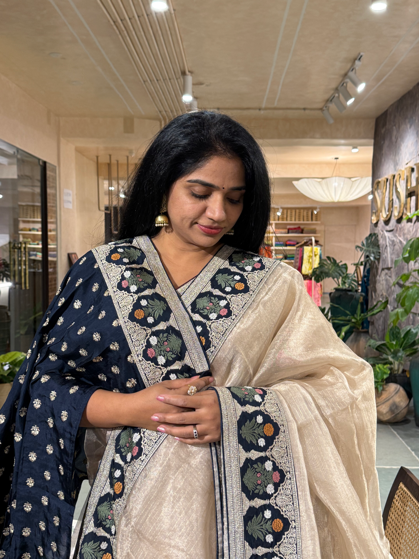Beige Kora Tissue Stripes Saree With Midnight  Blue Sabyasachi Borders & Blouse