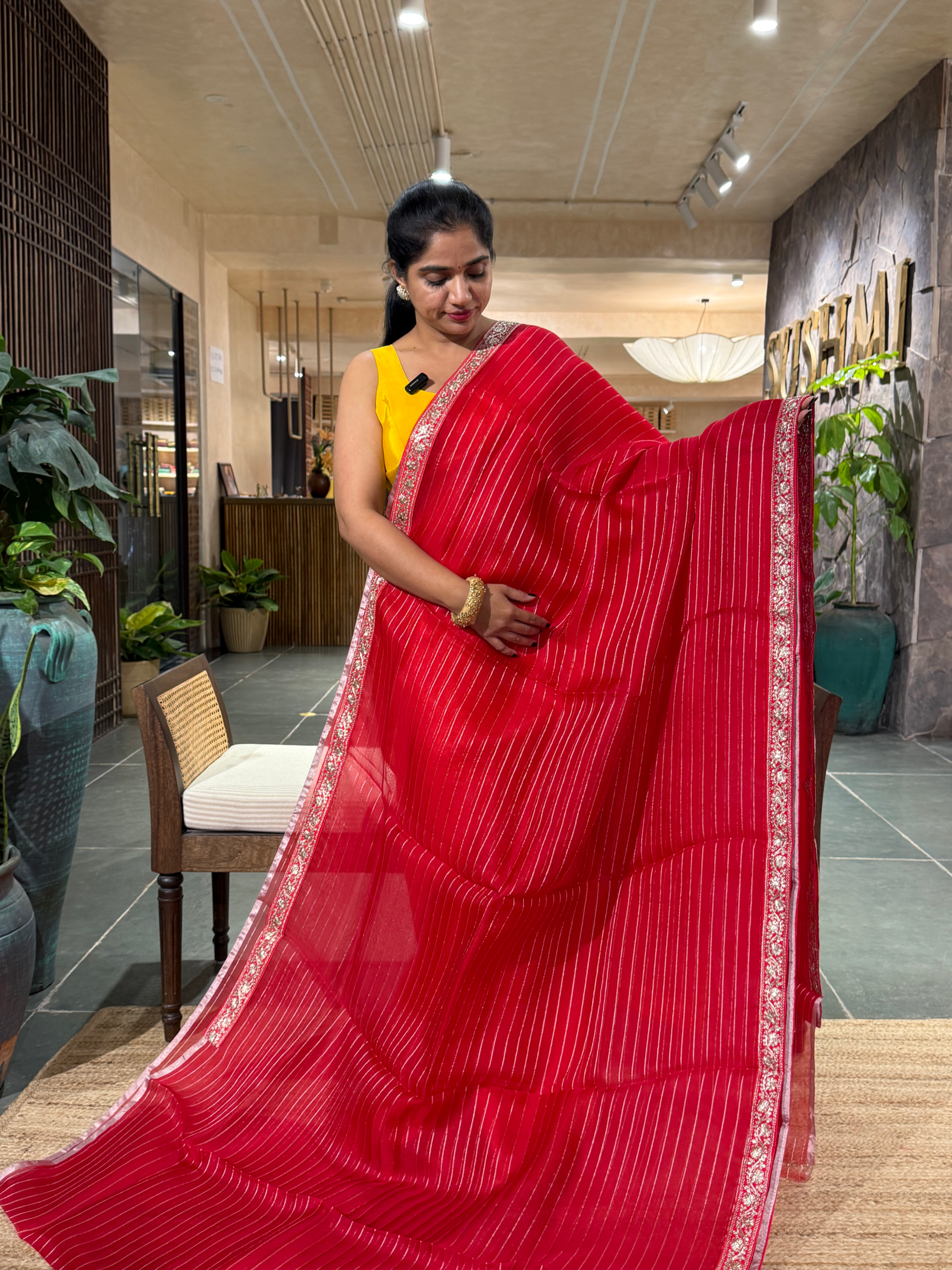 SOSSM2903 Red Organza Saree hemlined with Sabhyasachi Borders