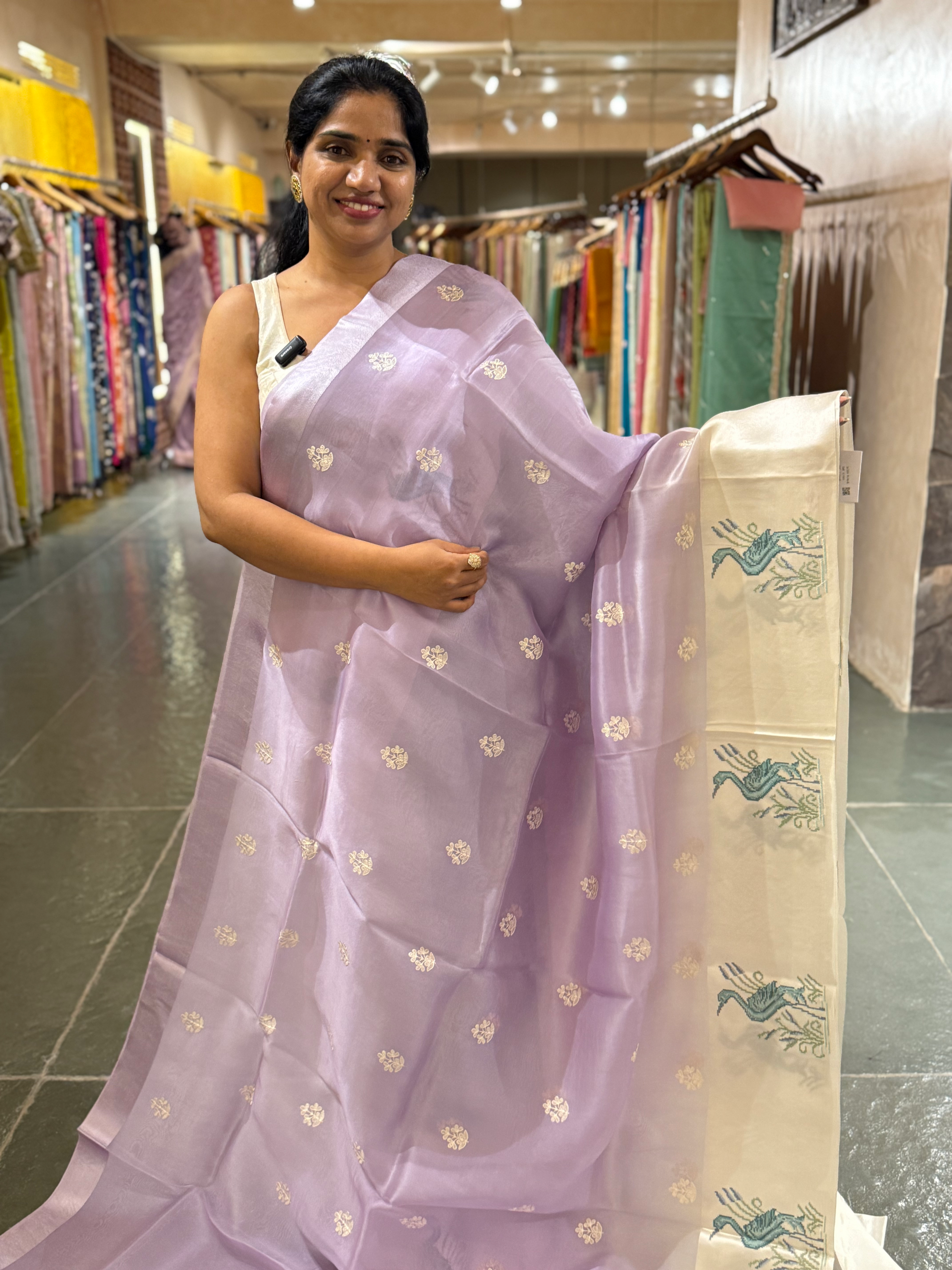 LilacPure Organza Silk Saree with Petite Point Embriodered Swans Mashru Borders
