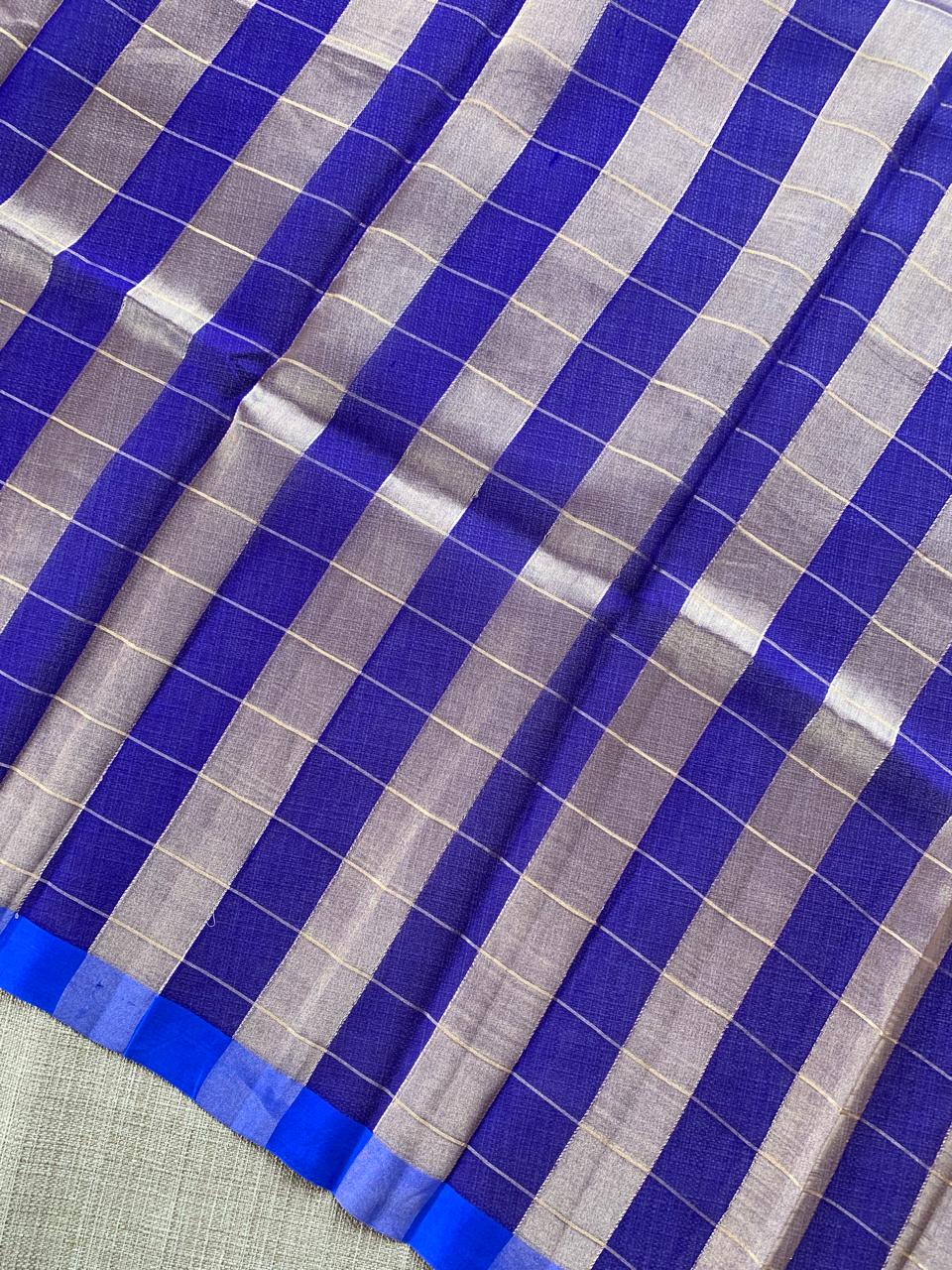 Royal Blue Pure Handloom Banarasi Kora Tissue Checks Saree