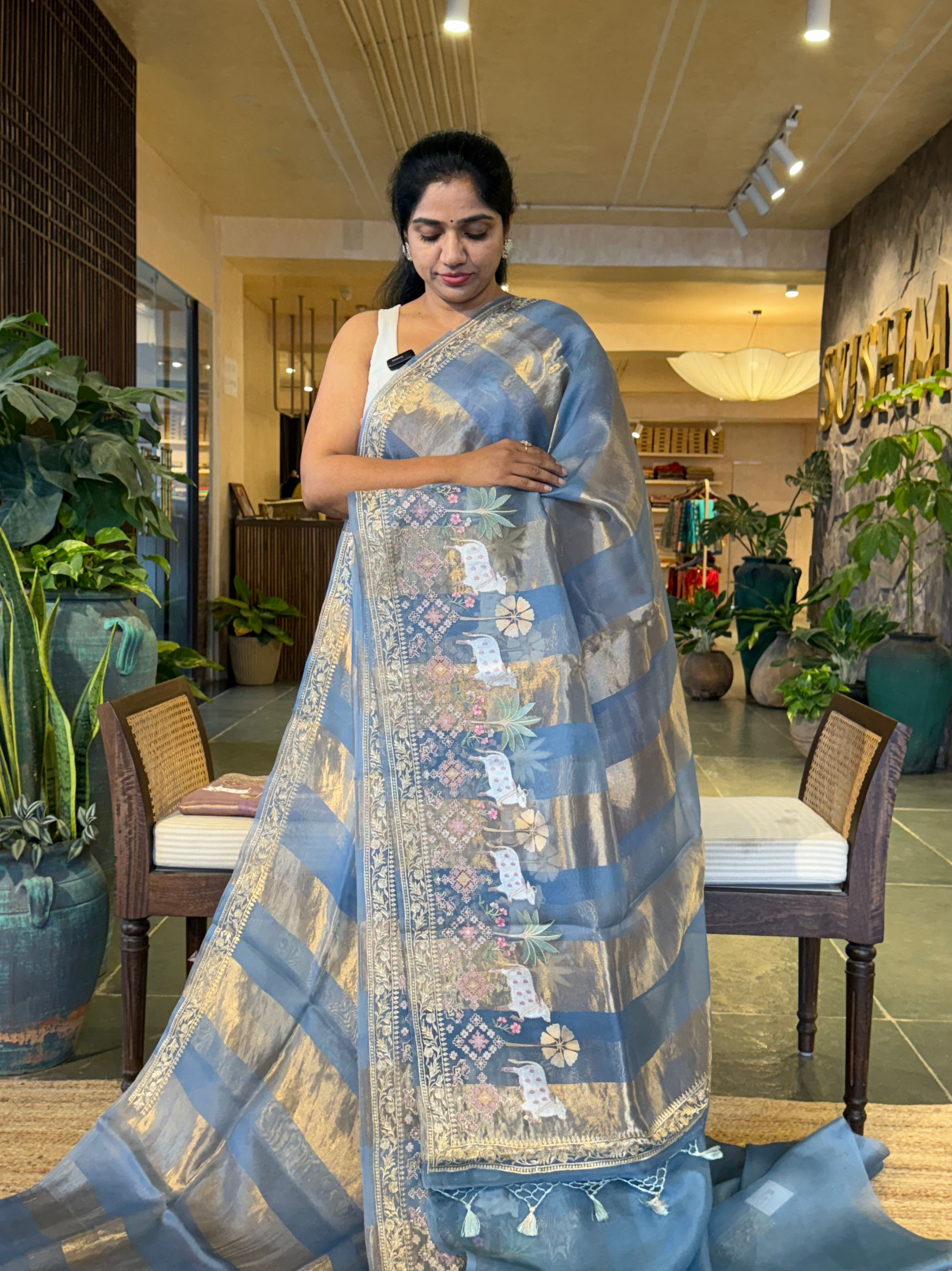 Dusty Blue Kora Tissue Stripes with Pichwai & Jamdani Inspired Embroidery