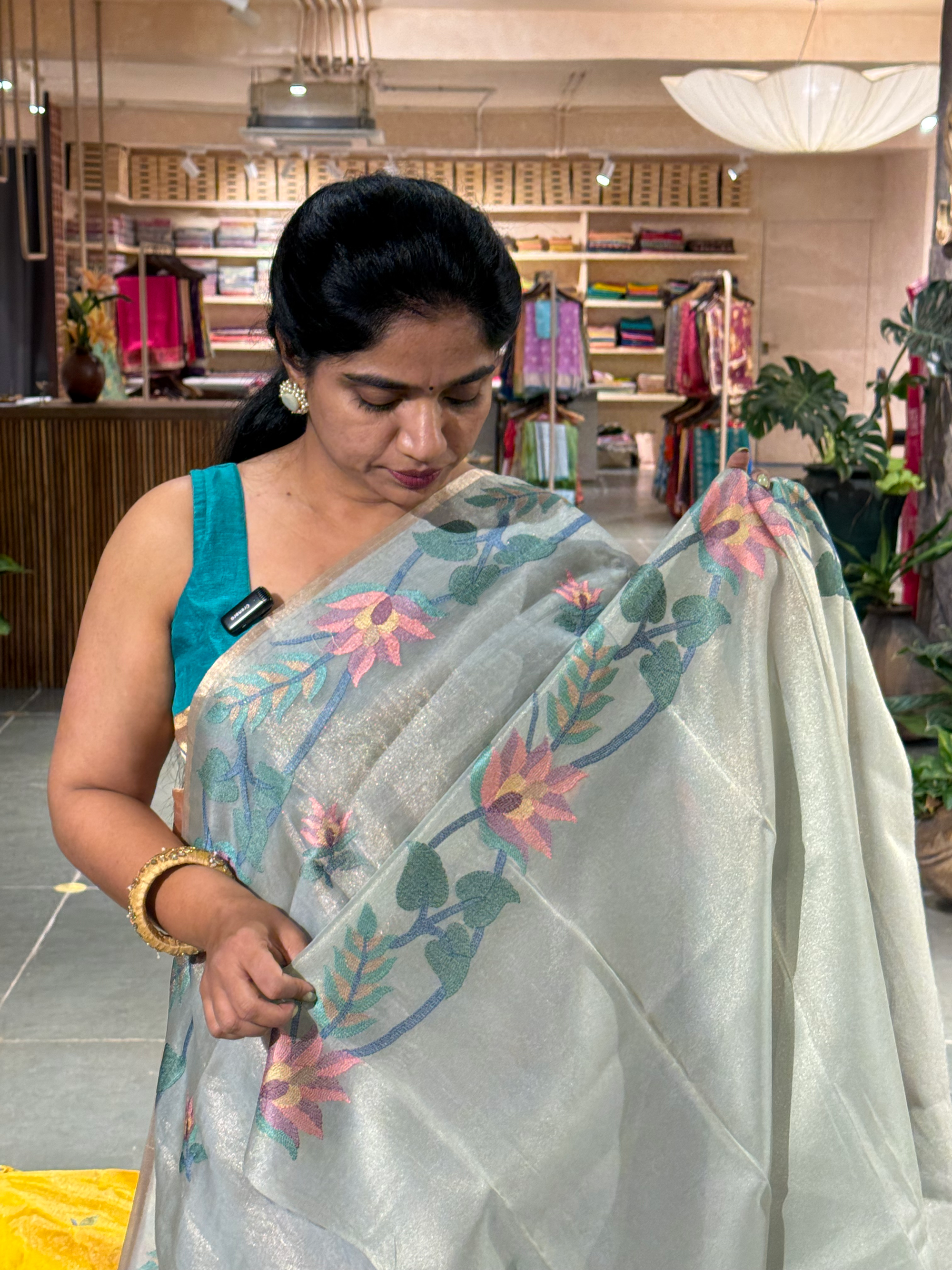 STJA209 :  Light Sea Blue Tissue With Jamdani Look Embroidery