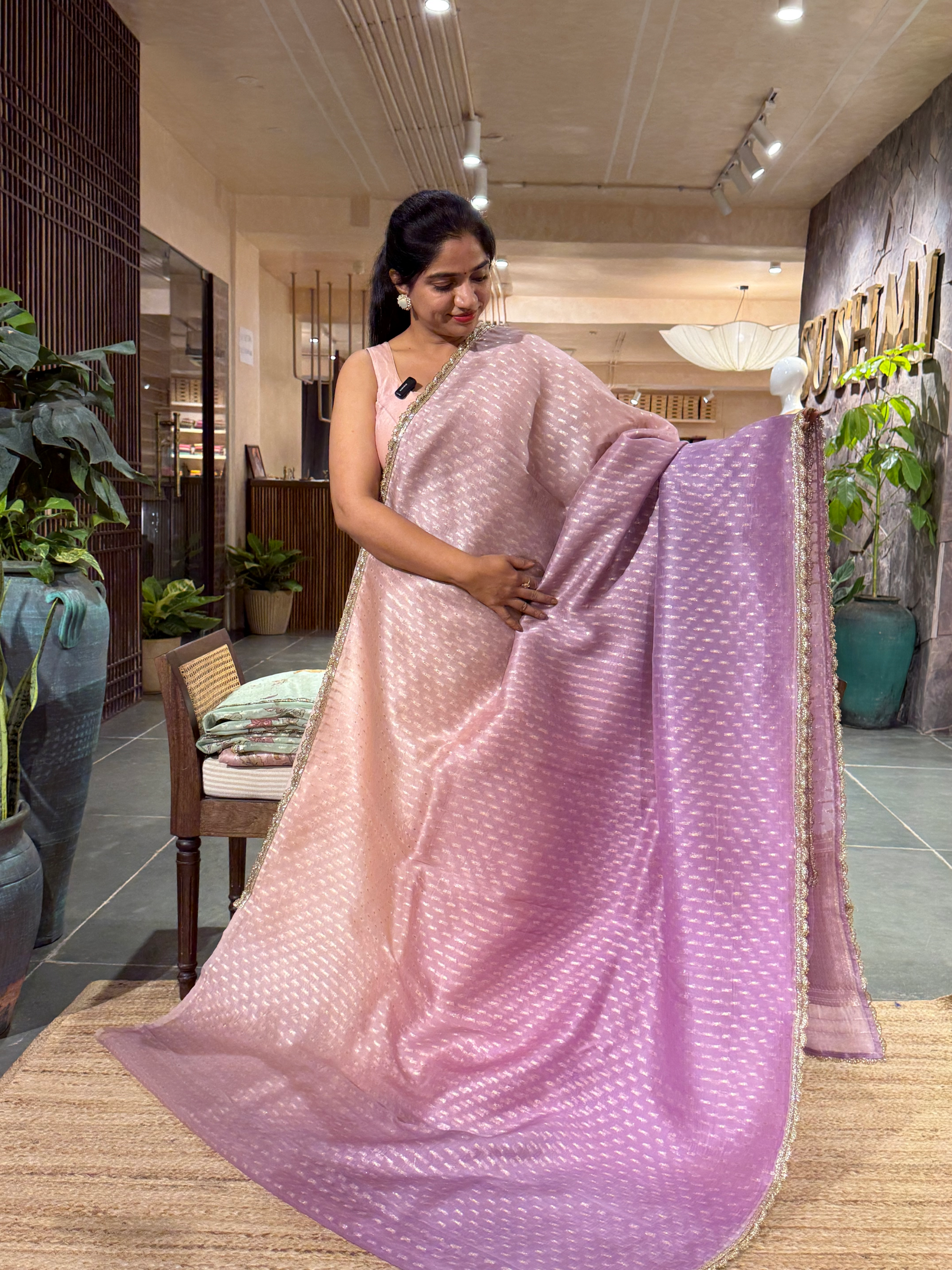 Ombre Dyed Pure Organza Saree with allover zari butis and  Embroidered Blouse
