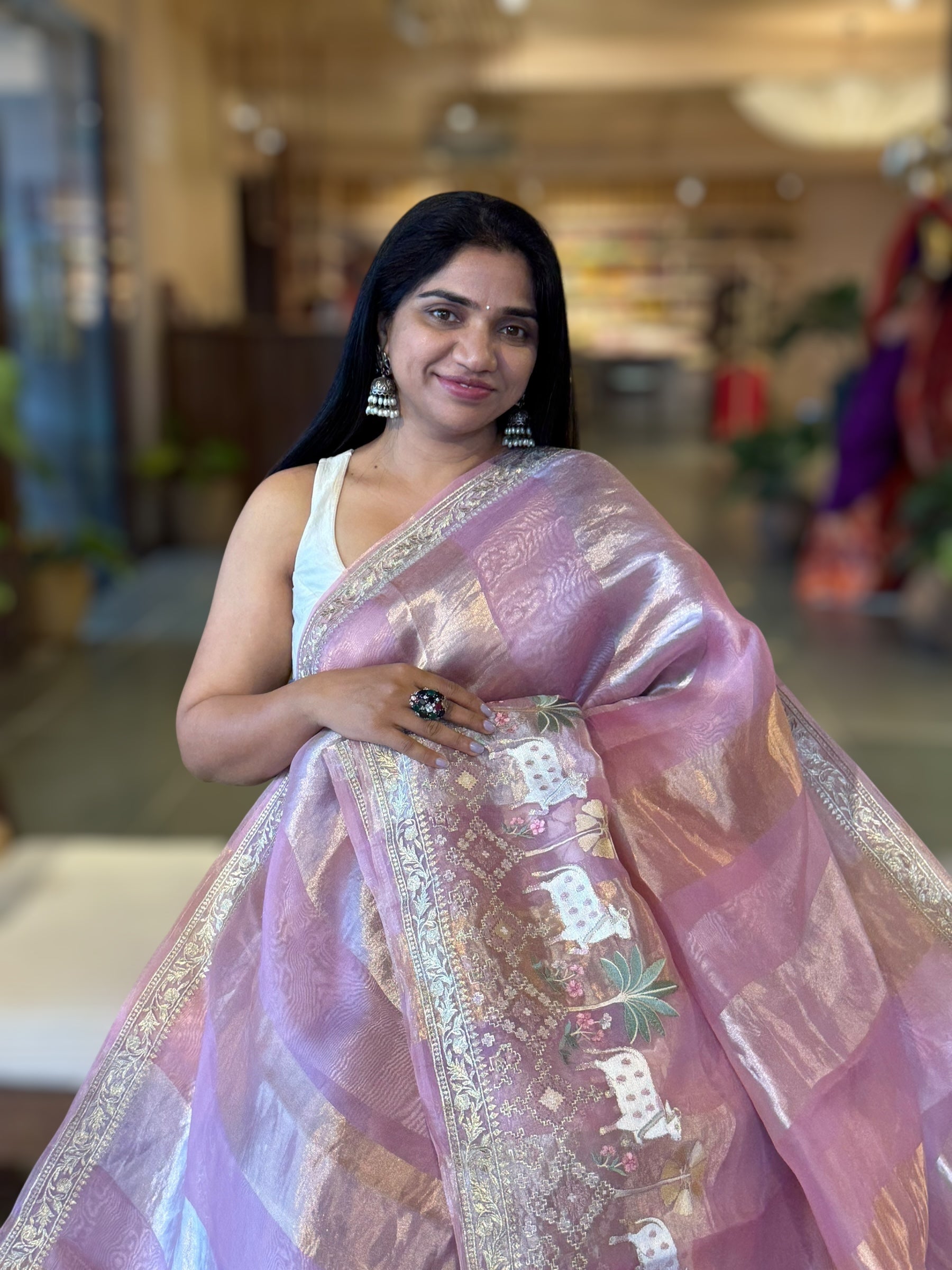 Mustard Kora Tissue Stripes Saree With Jamdani  & Pichwai embroidered Border
