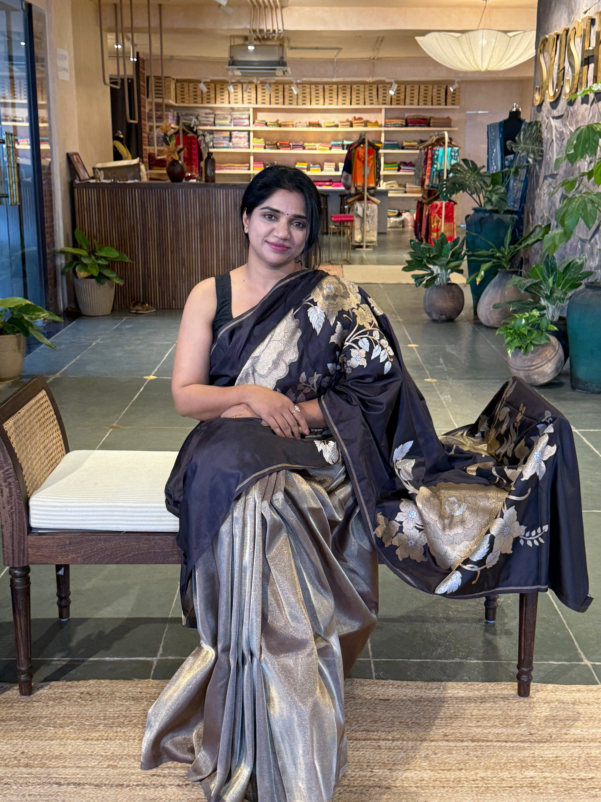 Dark Choclate and Antique Gold Designer Banarasi Silk Saree