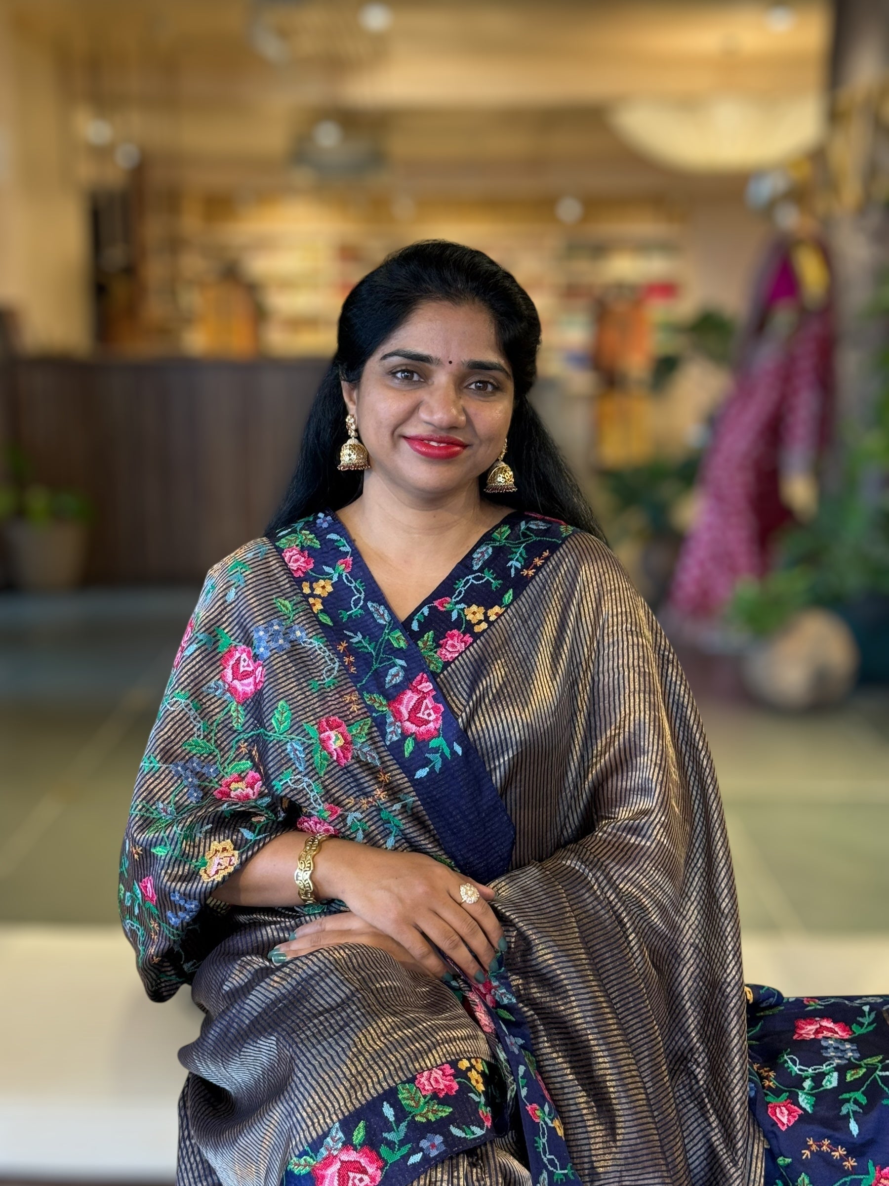 Navy Tissue Stripes Saree wth Petite Point Embroidered Border Pallu & BP