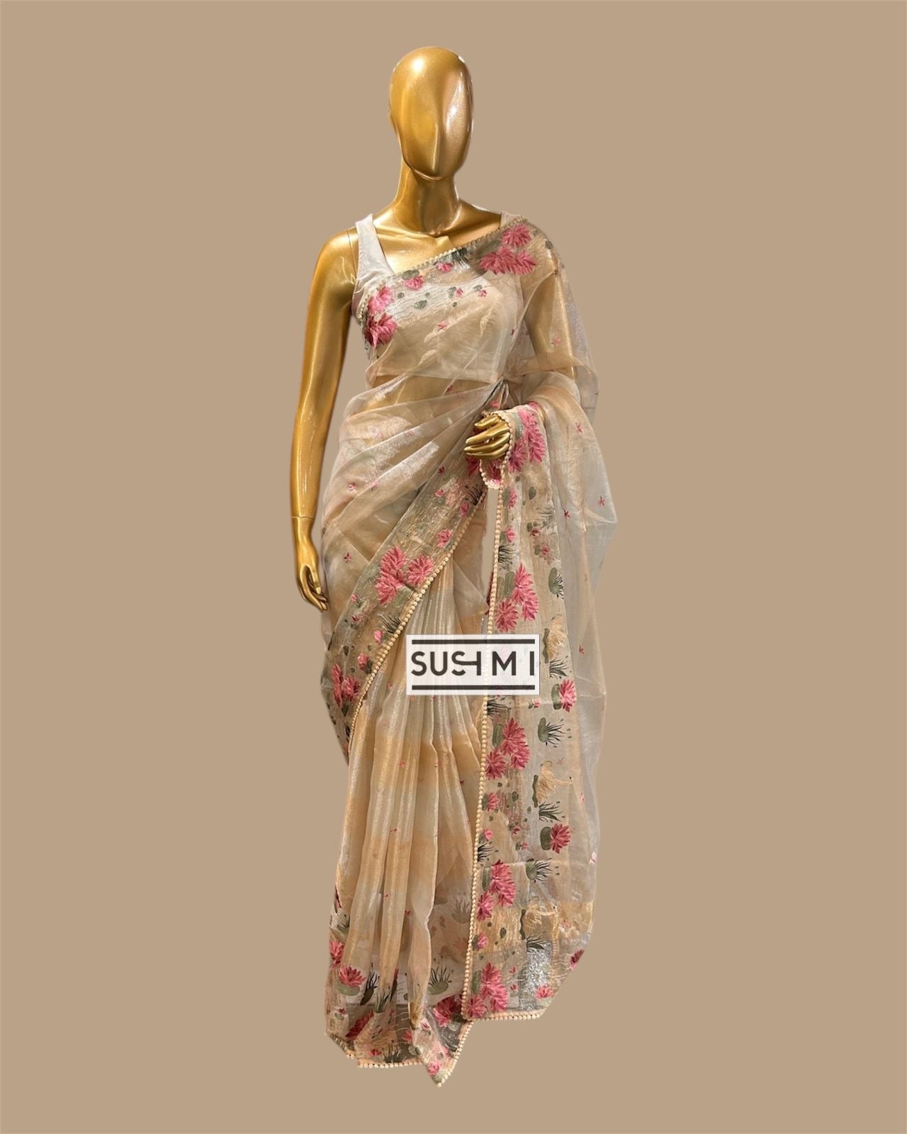 Pure Tissue Saree with silver and golden zari wide stripes & Embroidered Borders