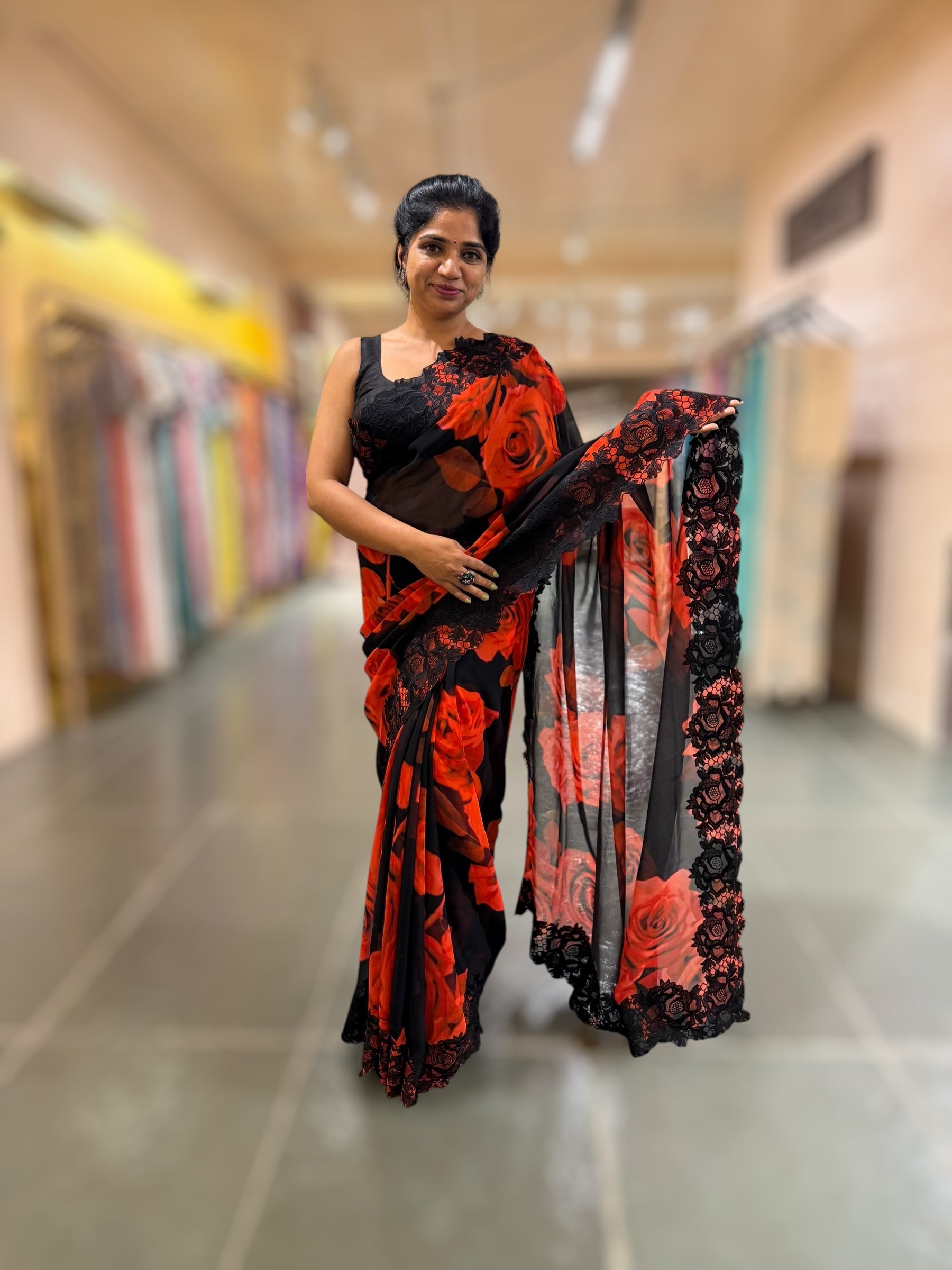 Red & Black Gorgette Saree With Chatilly Lace style Cutwork embroidered Border