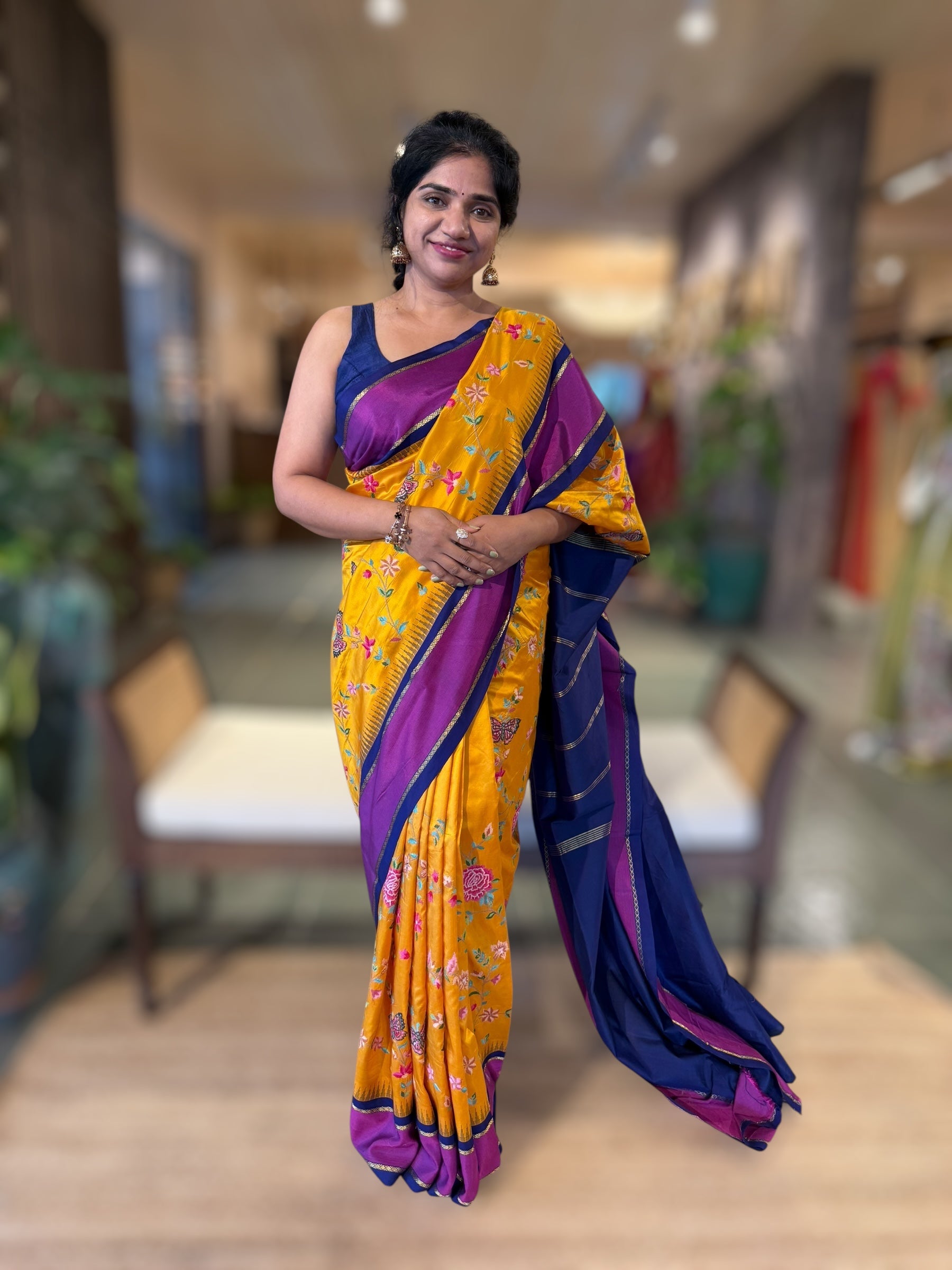 Kanchi Gap Border Saree With Allover Petite Point Embroidery