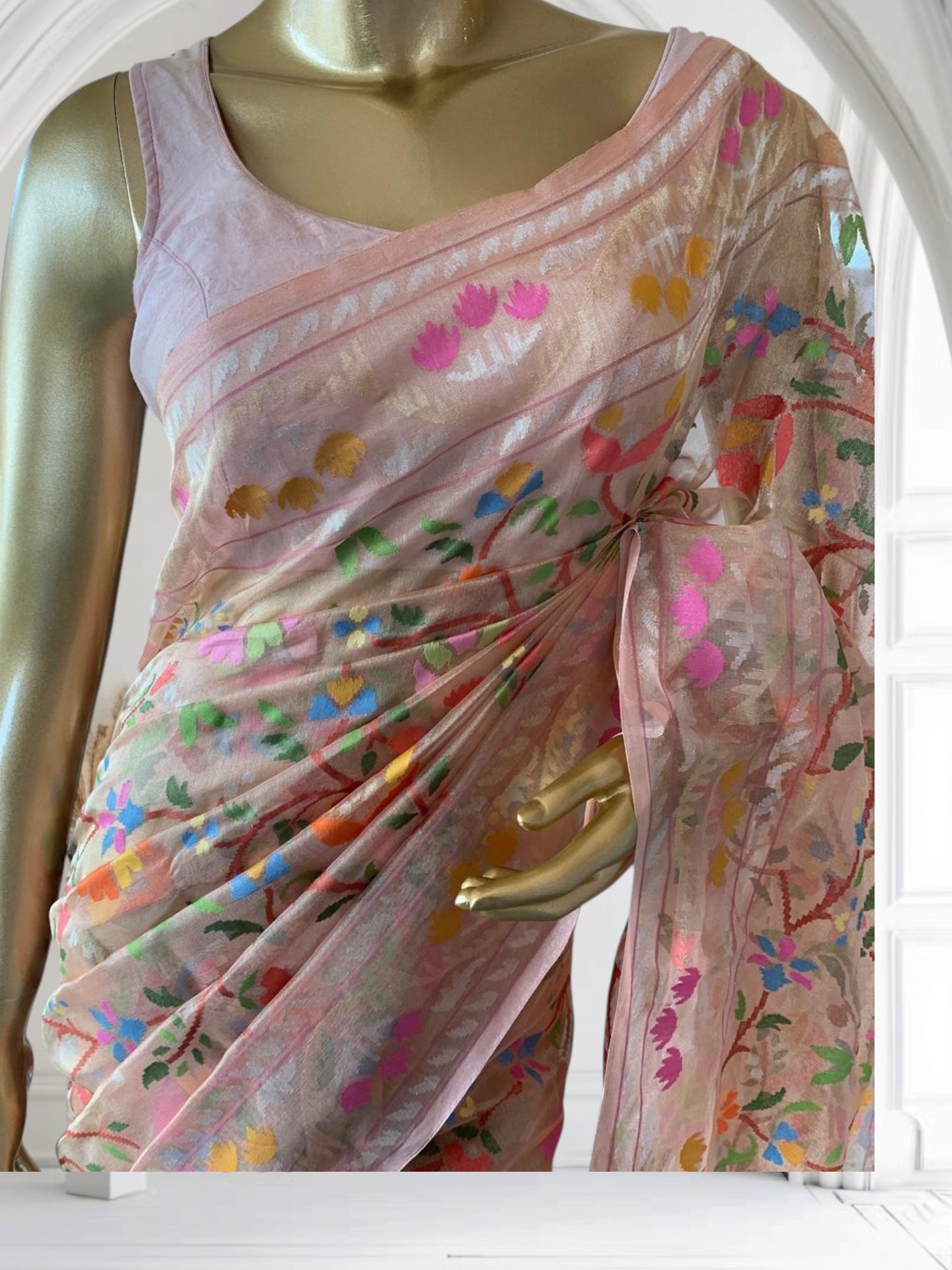 Peach Real Zari  Banarasi Tissue Jamdani Saree