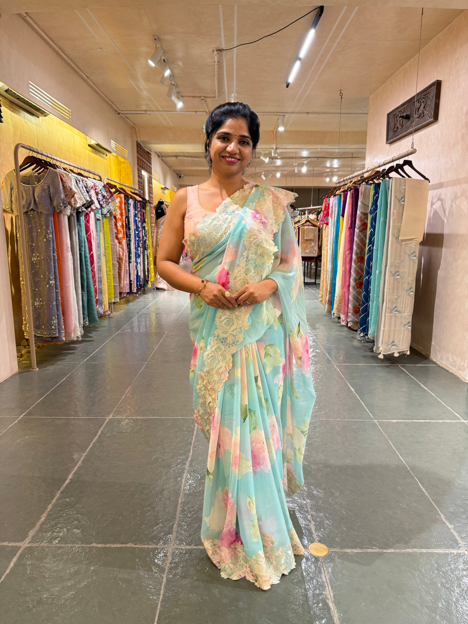 Gorgette Printed Saree With Cutwork Lace Border