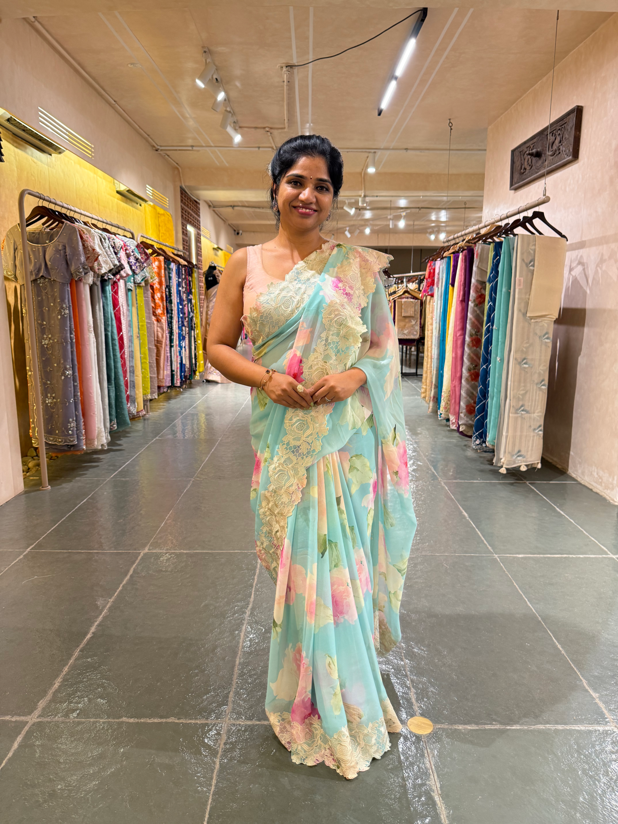 Pure  Gorgette Printed Saree With Cutwork Lace Border