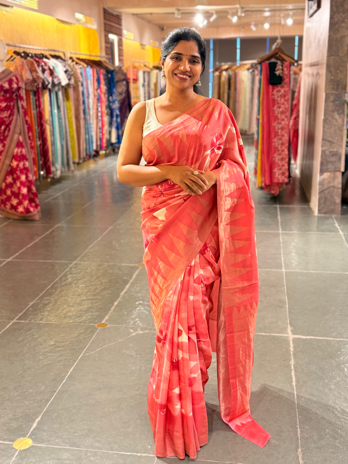 Coral Peach Pink Printed Kanchi Silk soft drape Saree with temple borders b