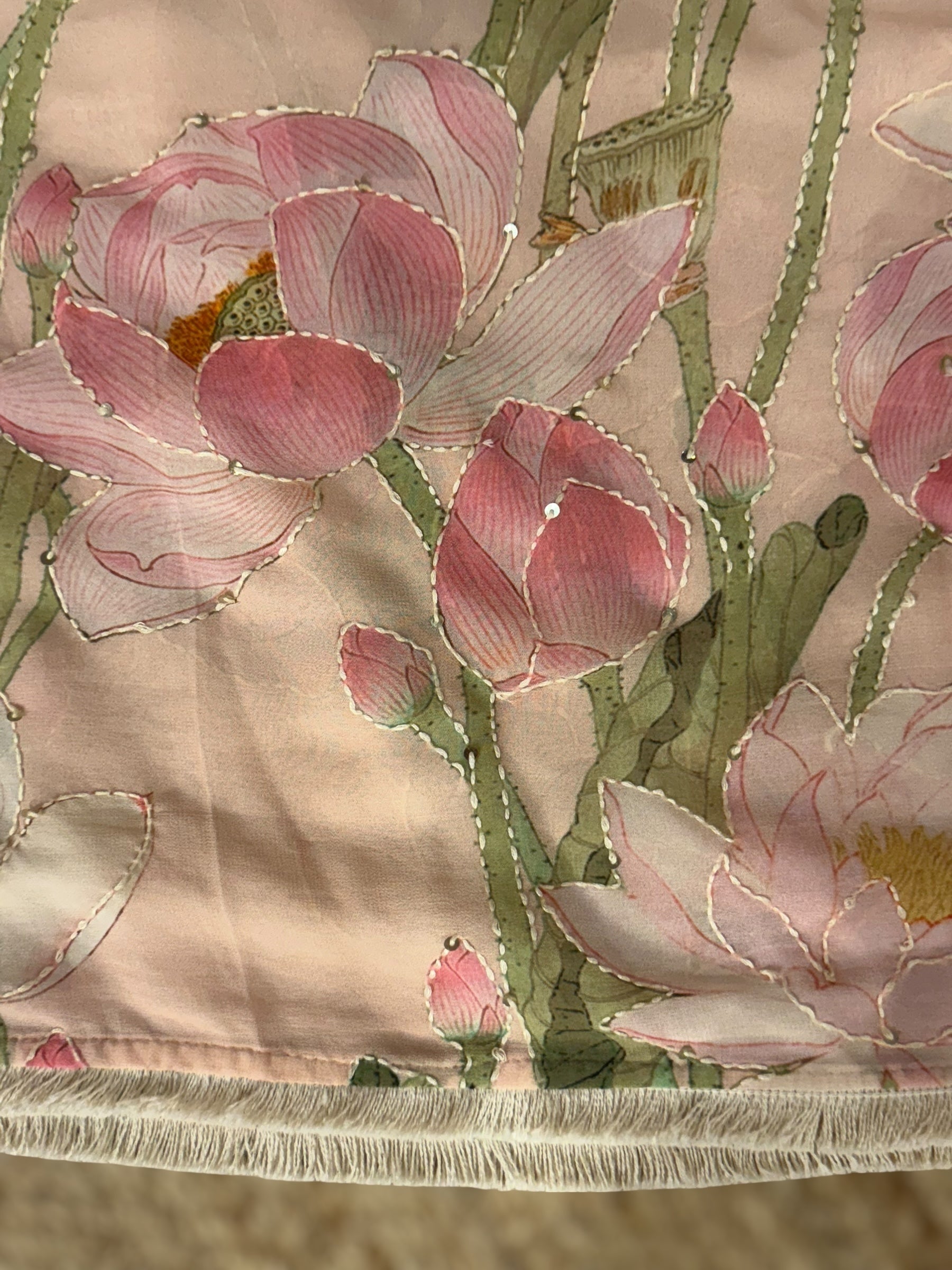 Peach Pink Pure Gorgette Printed Saree With Allover Hand Done Katha work