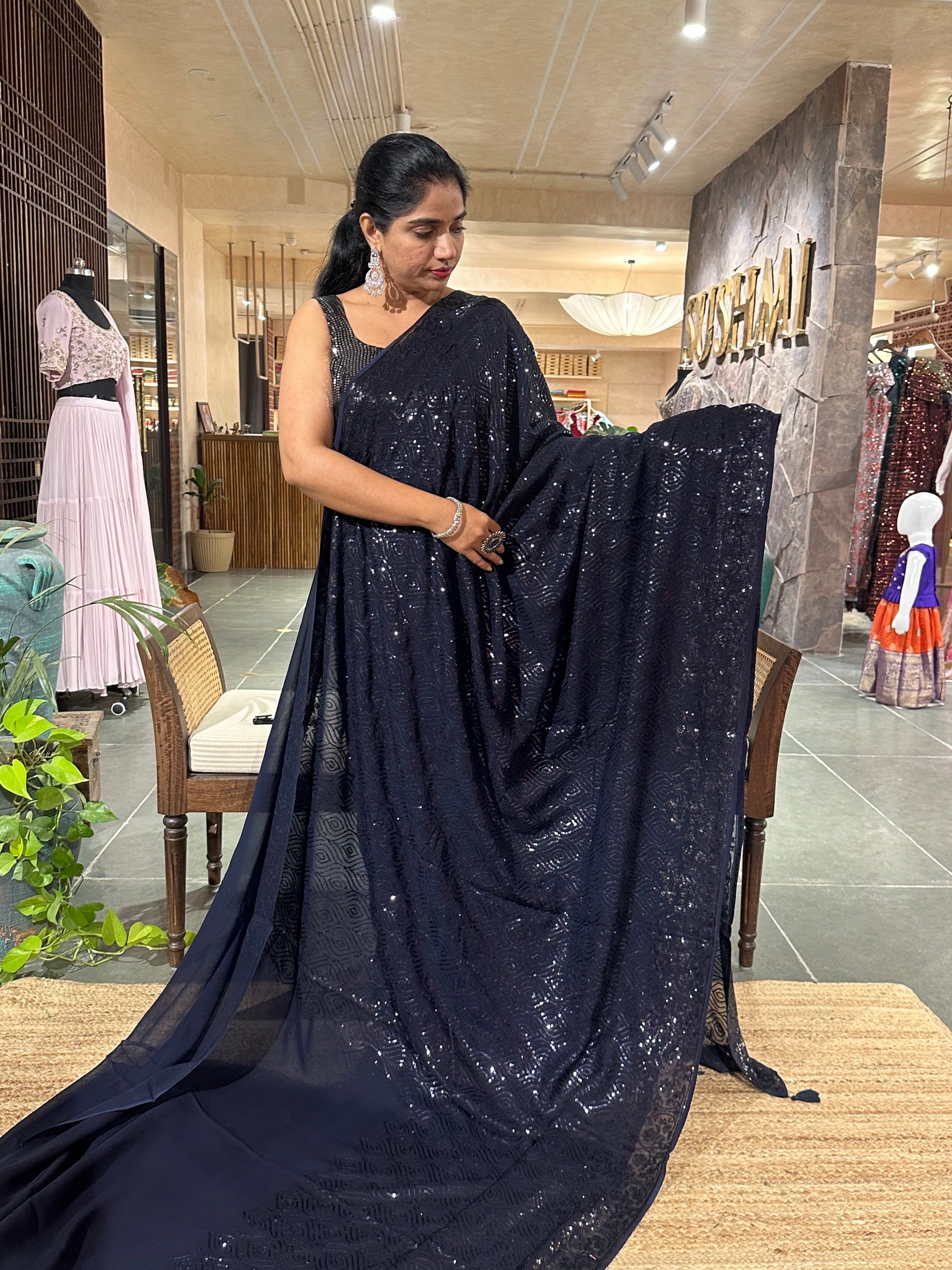 Midnight Blue Gorgette Sequence Saree