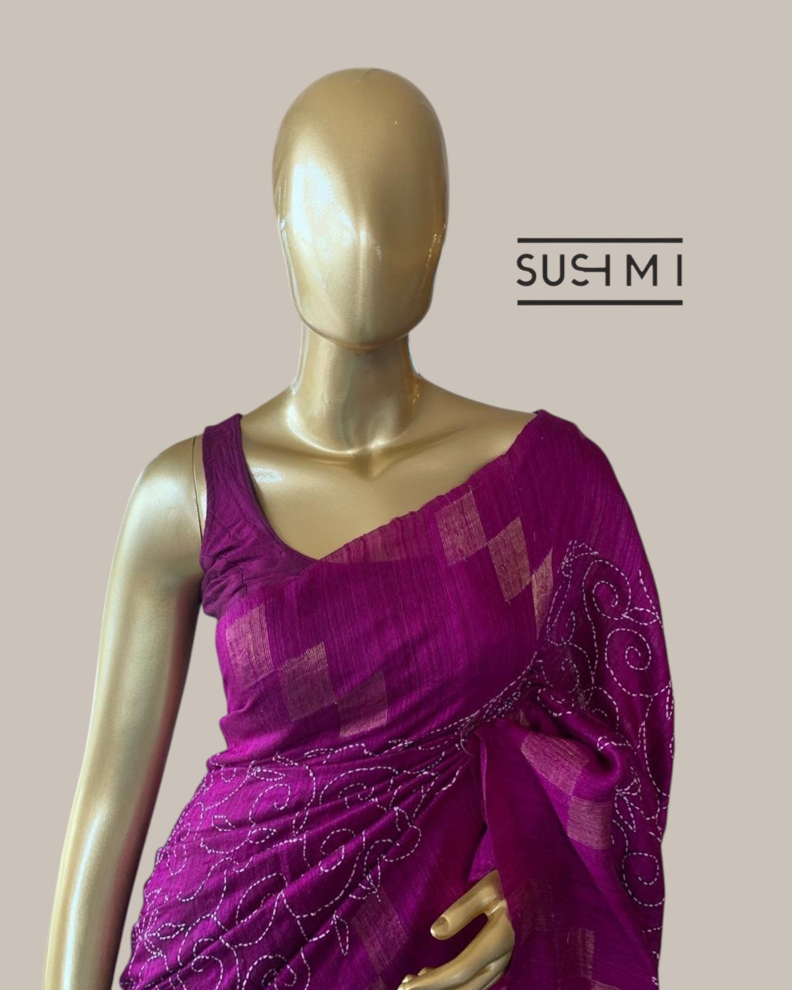Majenta Makta Tussar Saree with Jamdani weaving and allover hand katha work
