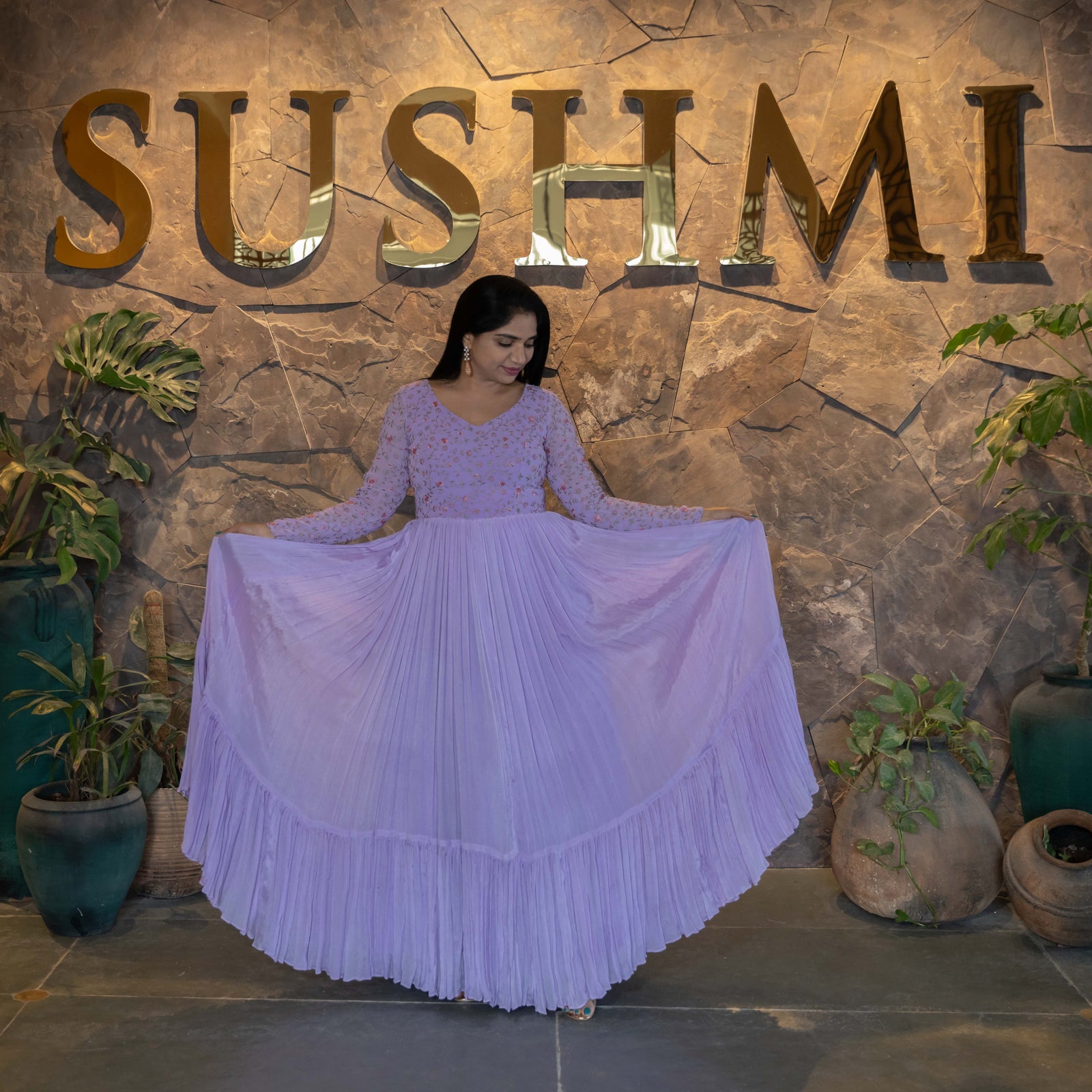 Pure chinnon long frock with embroidered yoke