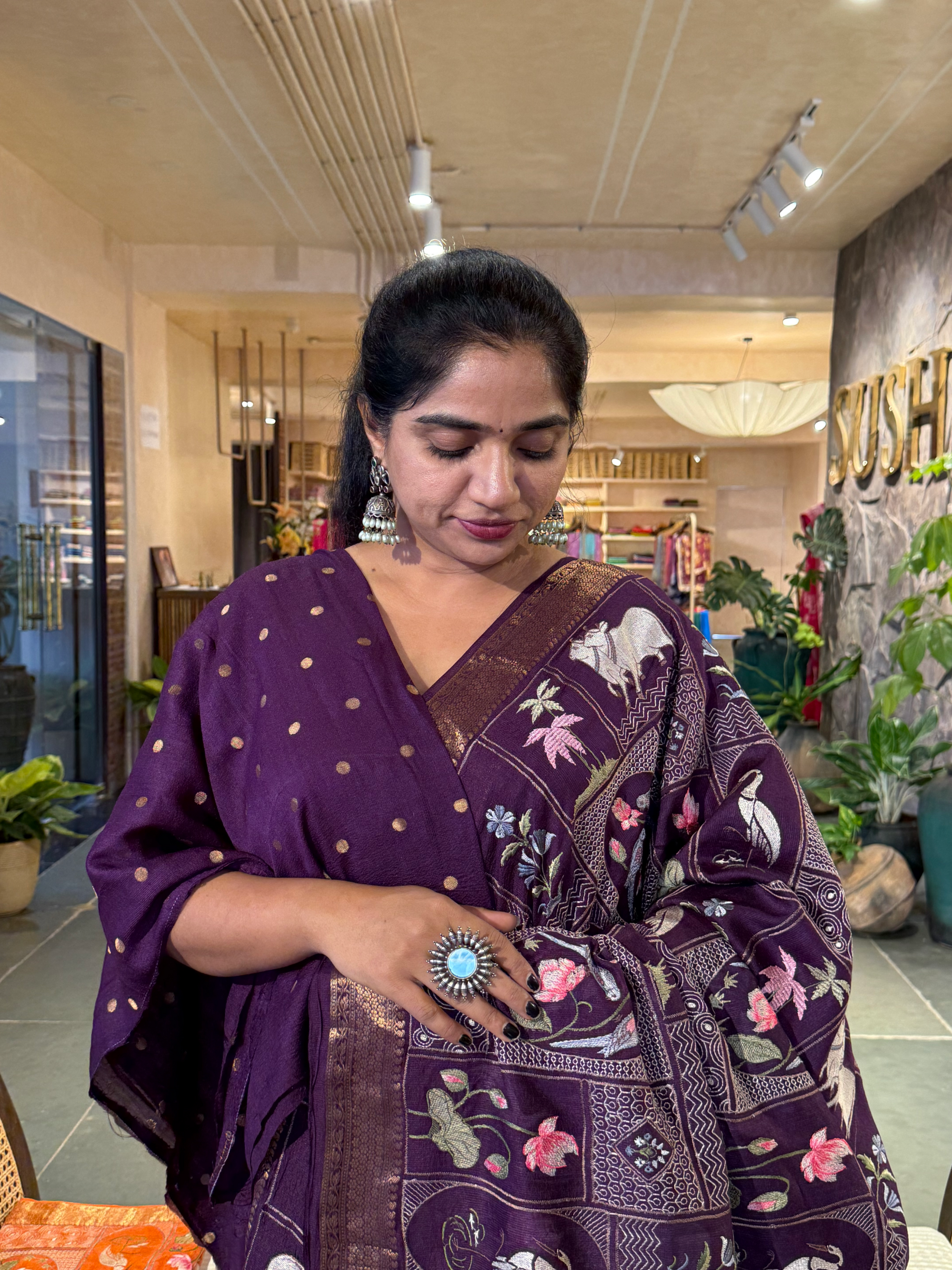 SMSEA111 Wine Pure Handloom Munga Silk Saree with Pichwai Embroidery