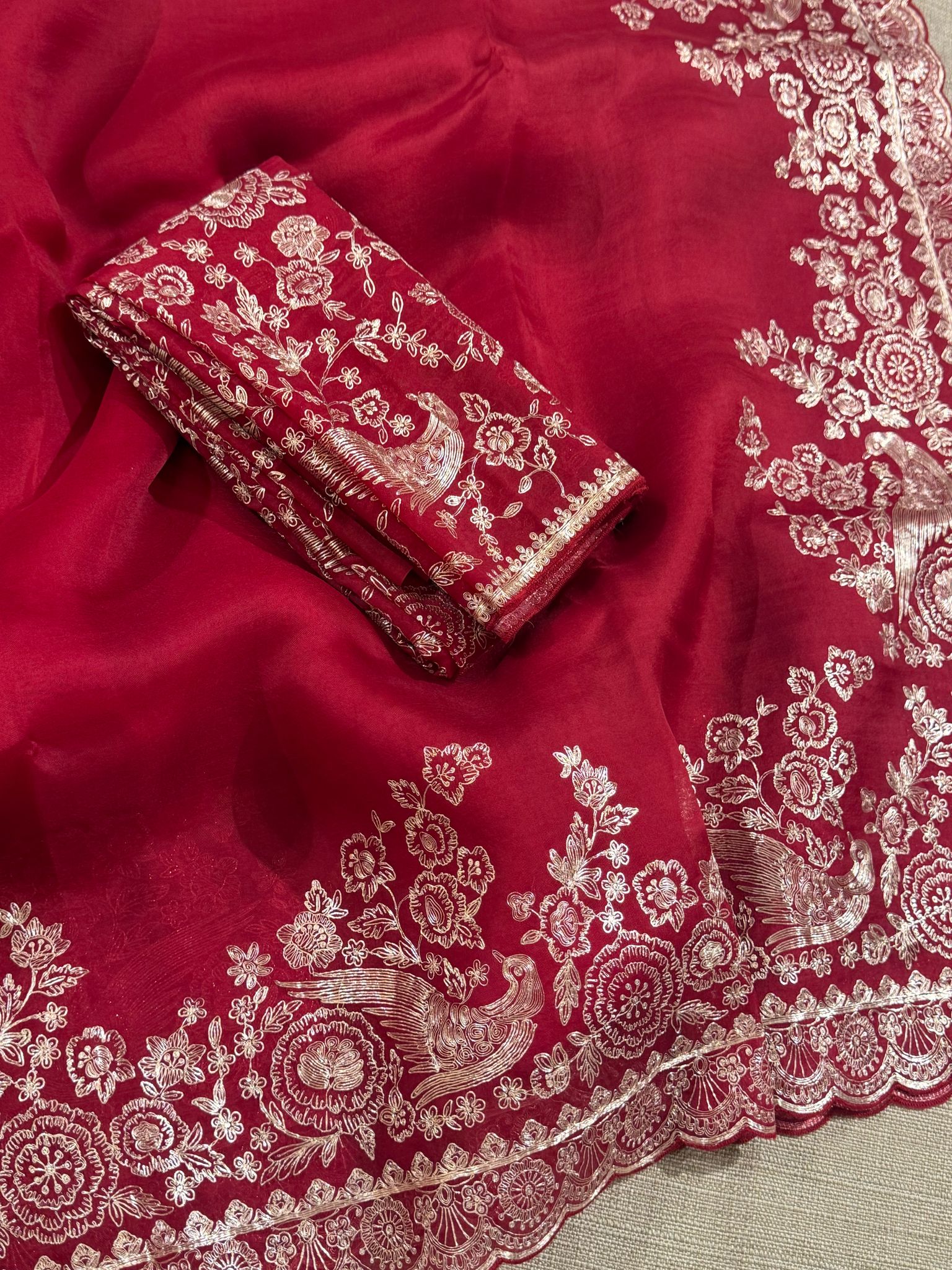 Meroonish Red  Pure organza Saree with pita emb